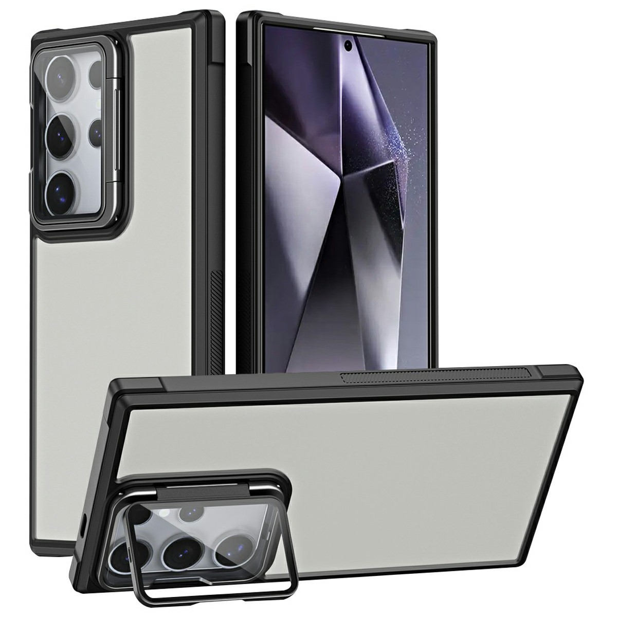 For Samsung Galaxy S24 Ultra Case with Lens Cover Kickstand Skin-Touch PC+TPU Phone Back Cover - Black