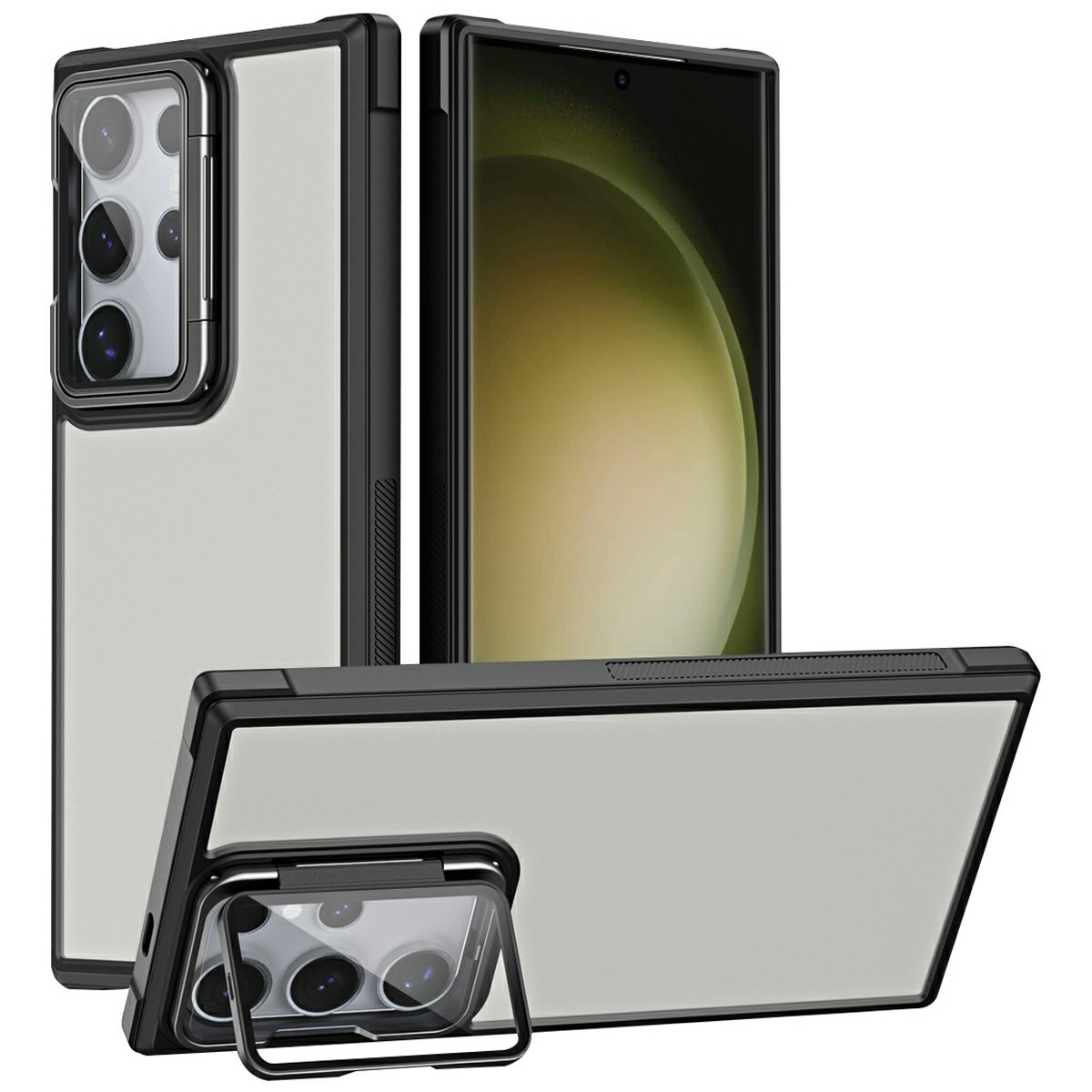 For Samsung Galaxy S23 Ultra Case with Lens Cover Kickstand Skin-Touch PC+TPU Phone Back Cover - Black