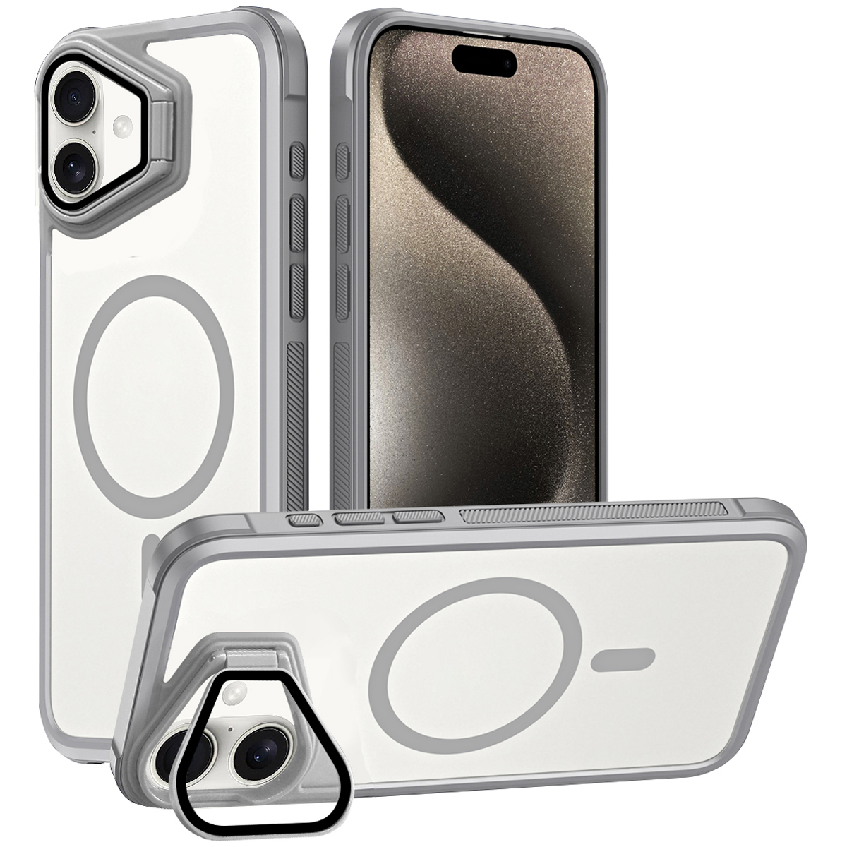 For iPhone 16 Case Compatible with MagSafe Lens Cover Kickstand Matte Back Cover - Grey