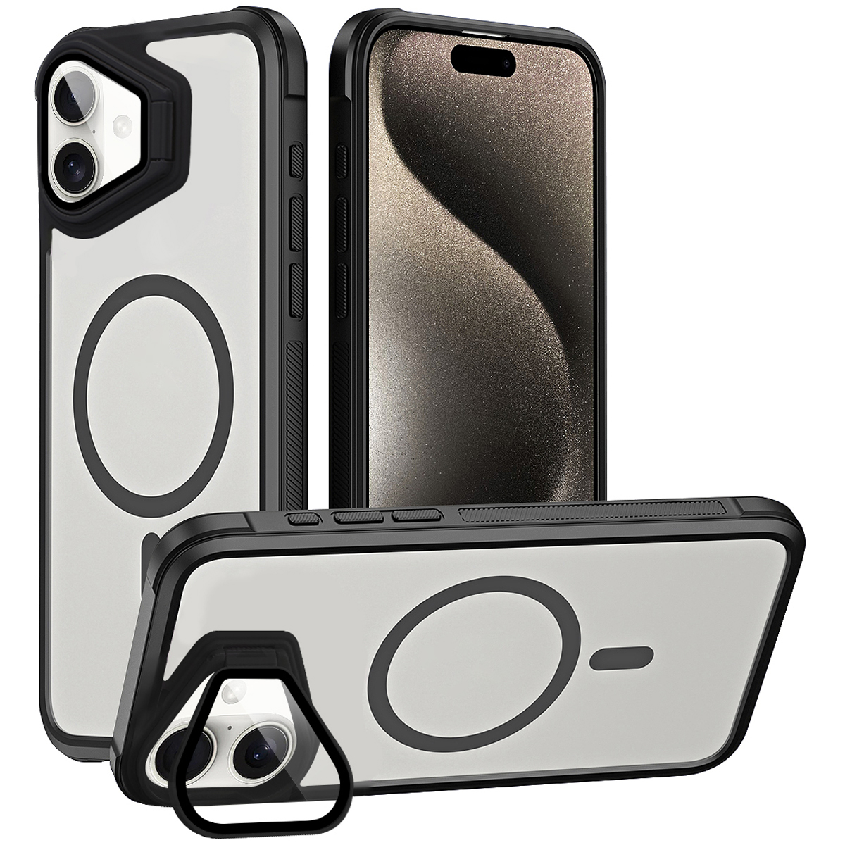 For iPhone 16 Plus Case Compatible with MagSafe Lens Cover Kickstand Matte Back Cover - Black