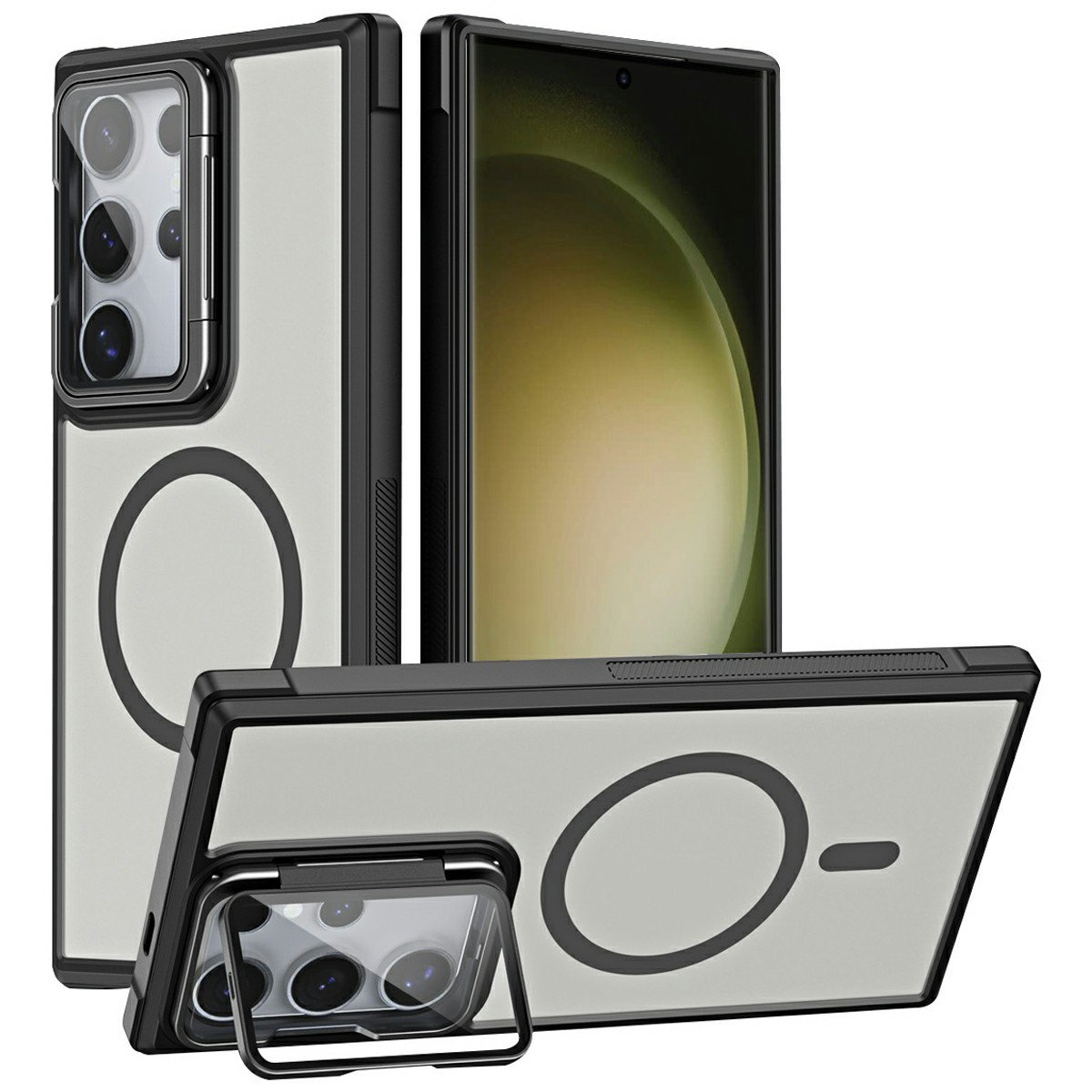 For Samsung Galaxy S23 Ultra Magnetic Case Lens Cover Kickstand Matte Back Cover - Black