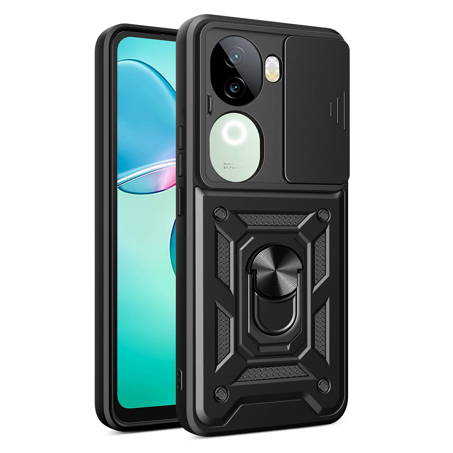For vivo iQOO Z9s 5G Case with Slide Camera Lid PC+TPU Kickstand Phone Cover - Black
