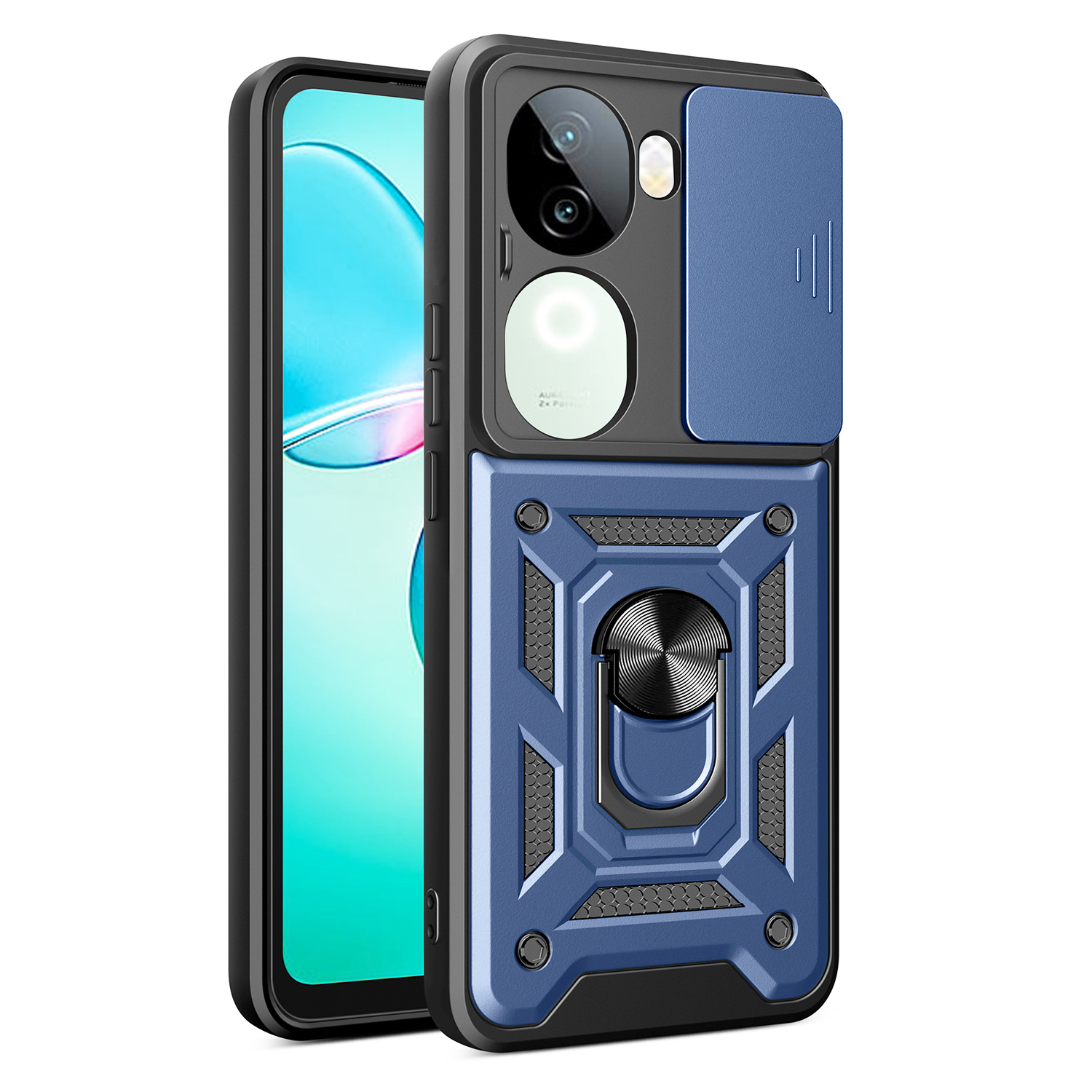 For vivo iQOO Z9s 5G Case with Slide Camera Lid PC+TPU Kickstand Phone Cover - Blue