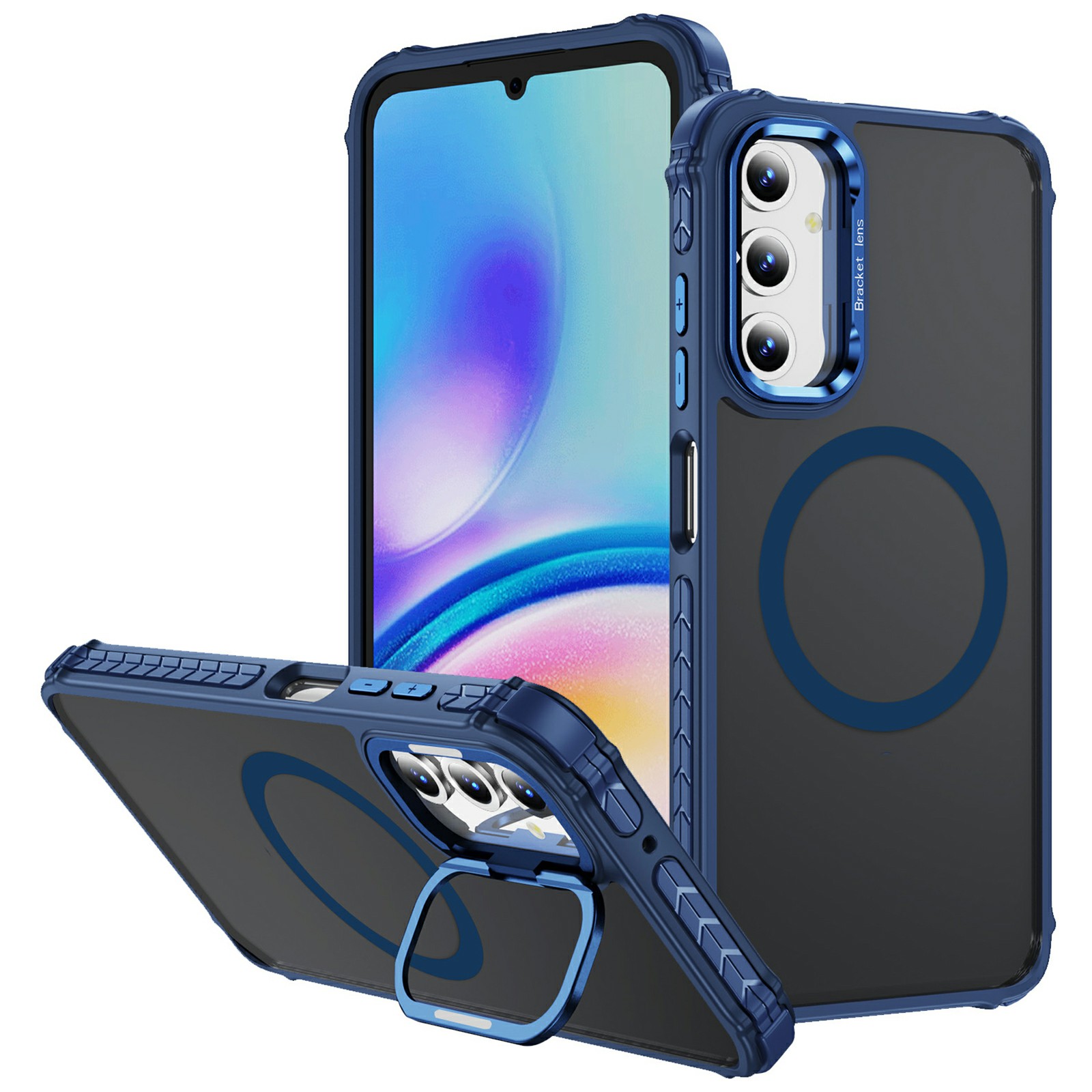 For Samsung Galaxy A55 5G Case with Lens Kickstand Matte Back Cover Magnetic Case - Blue