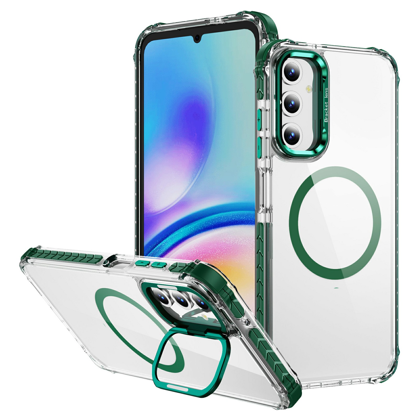 For Samsung Galaxy A55 5G Clear Phone Case with Lens Kickstand Cover Magnetic Case - Green