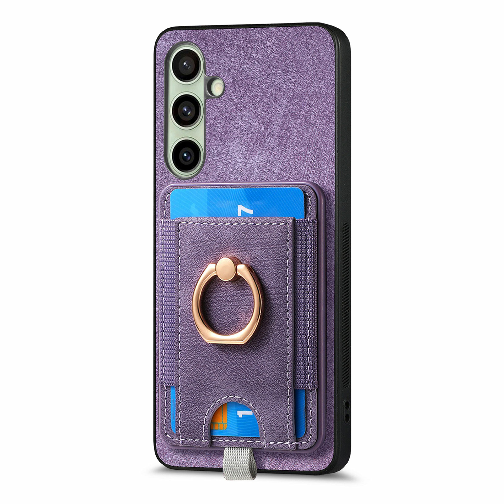 For Samsung Galaxy S24 FE Magnetic Case Card Holder Ring Kickstand PU Leather Phone Back Cover - Purple
