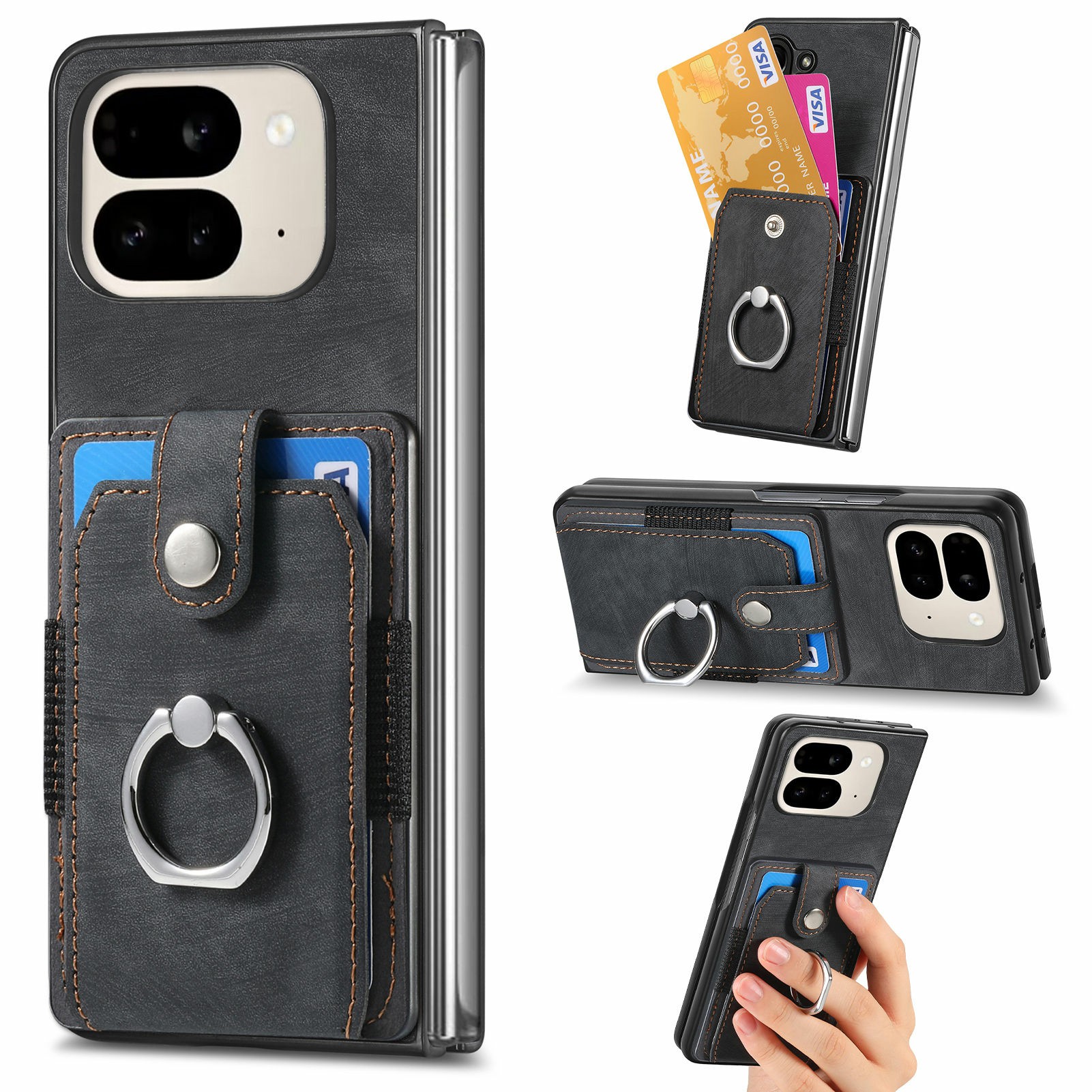 For Google Pixel 9 Pro Fold 5G Case Kickstand Leather+PC Non-Slip Protective Cover Card Slots - Black