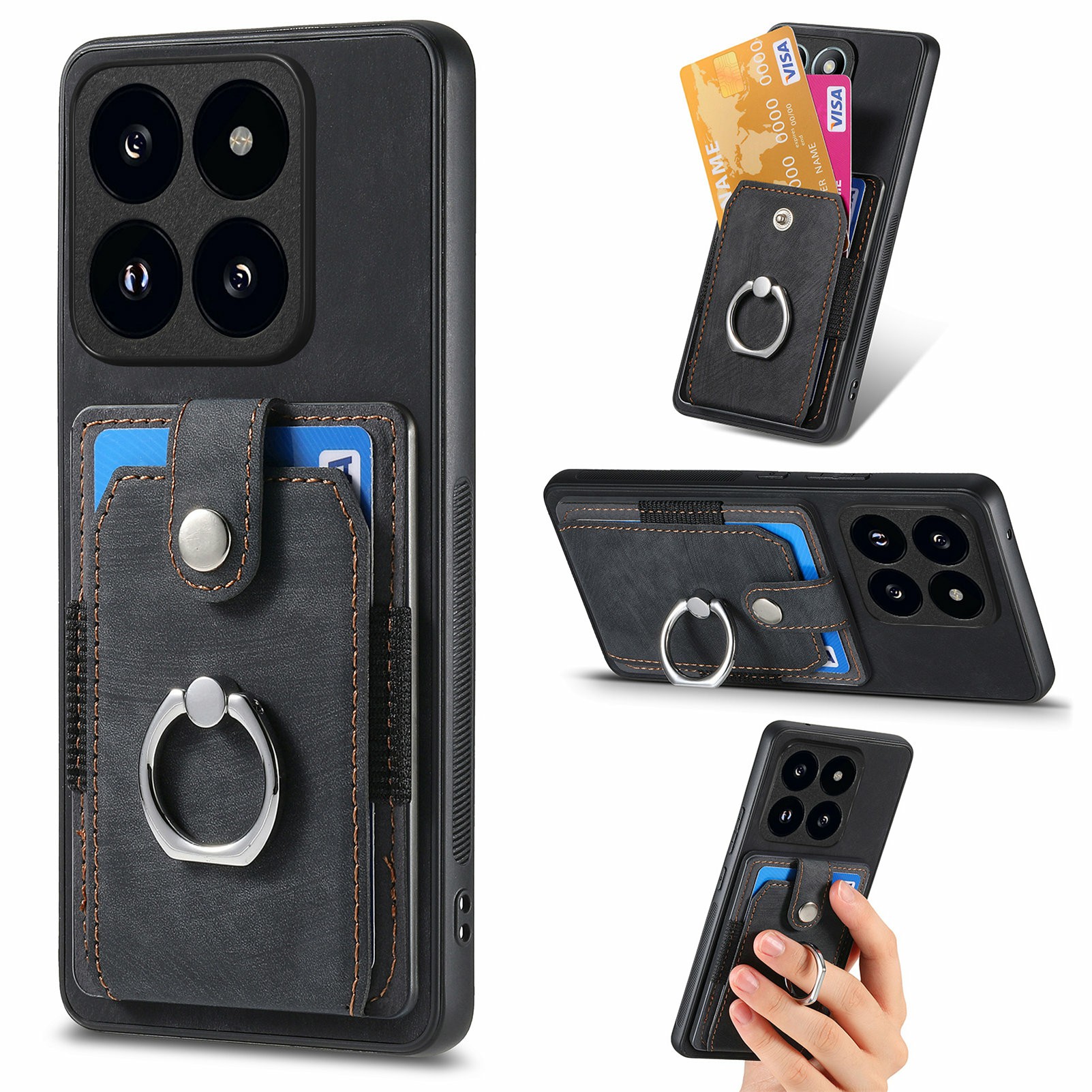 For Xiaomi 14T Case Kickstand Leather+TPU Non-Slip Protective Cover Card Slots - Black