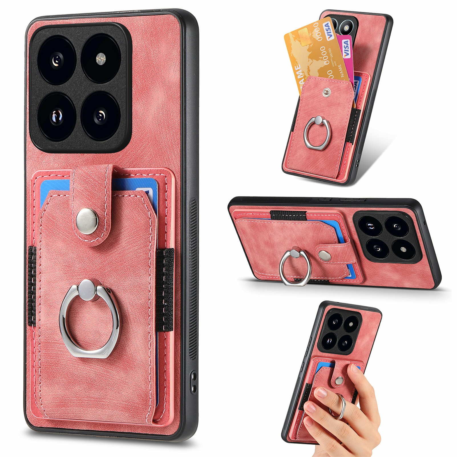 For Xiaomi 14T Case Kickstand Leather+TPU Non-Slip Protective Cover Card Slots - Pink