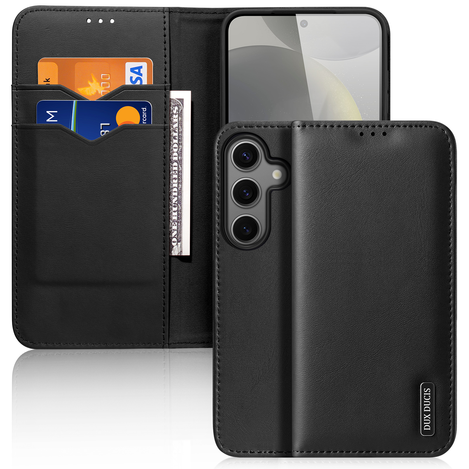 DUX DUCIS Hivo Series For Samsung Galaxy S25 Case Cowhide Leather RFID Blocking Wallet Stand Flip Phone Cover - Black