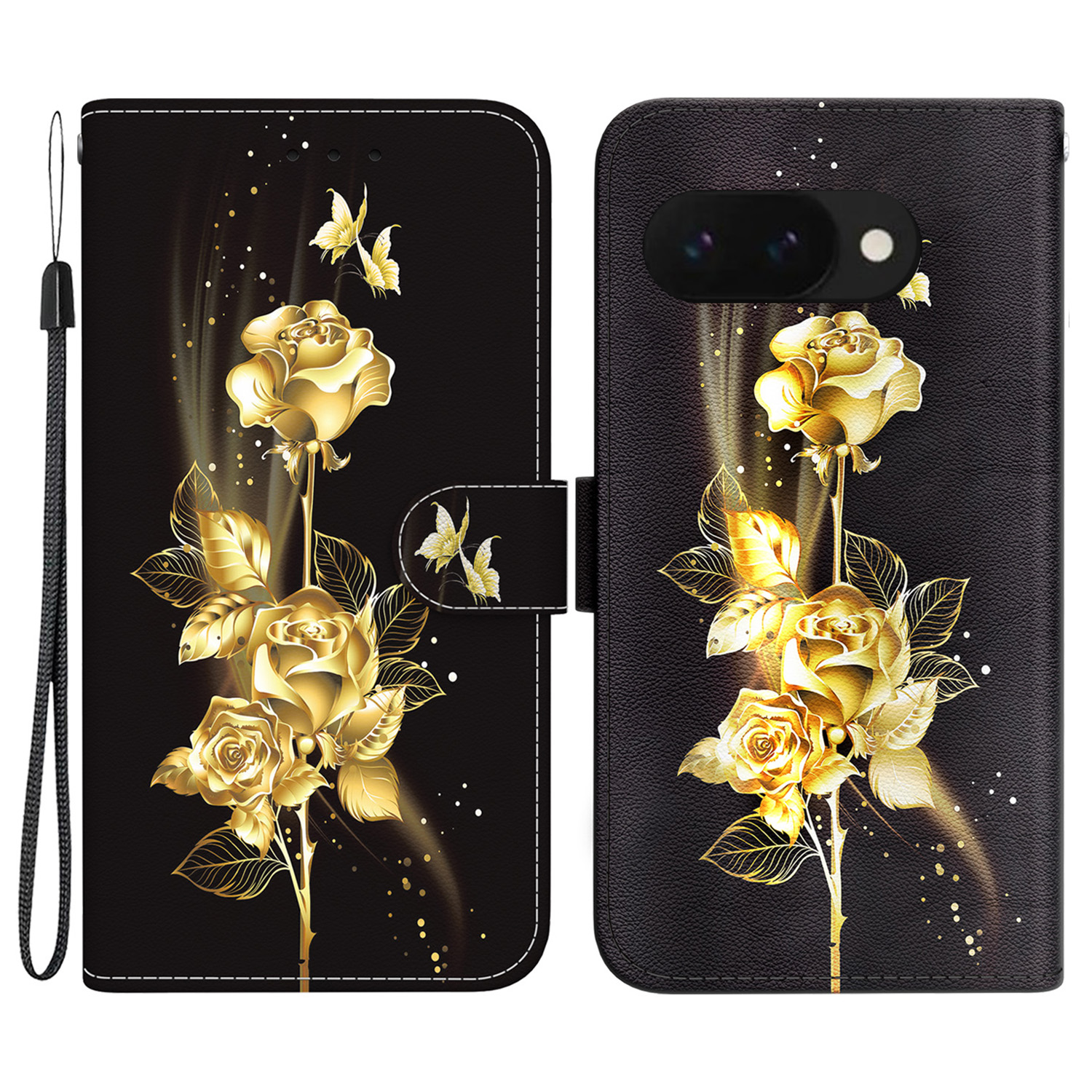 For Google Pixel 9a Wallet Phone Case Anti-Drop Leather Flip Cover Pattern Printing - Gold Butterfly Rose