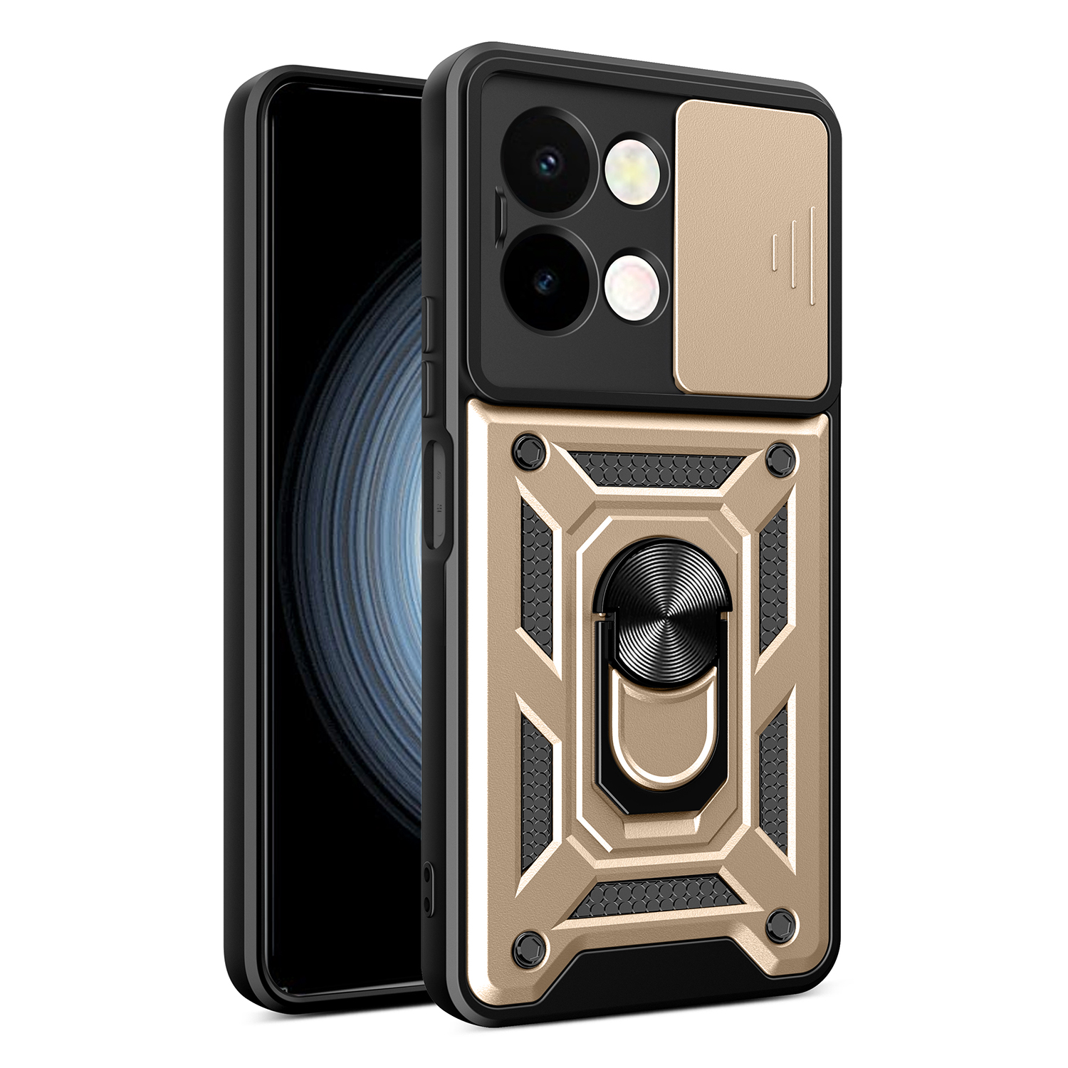 For vivo Y28 4G Case with Slide Camera Lid PC+TPU Kickstand Phone Cover - Gold