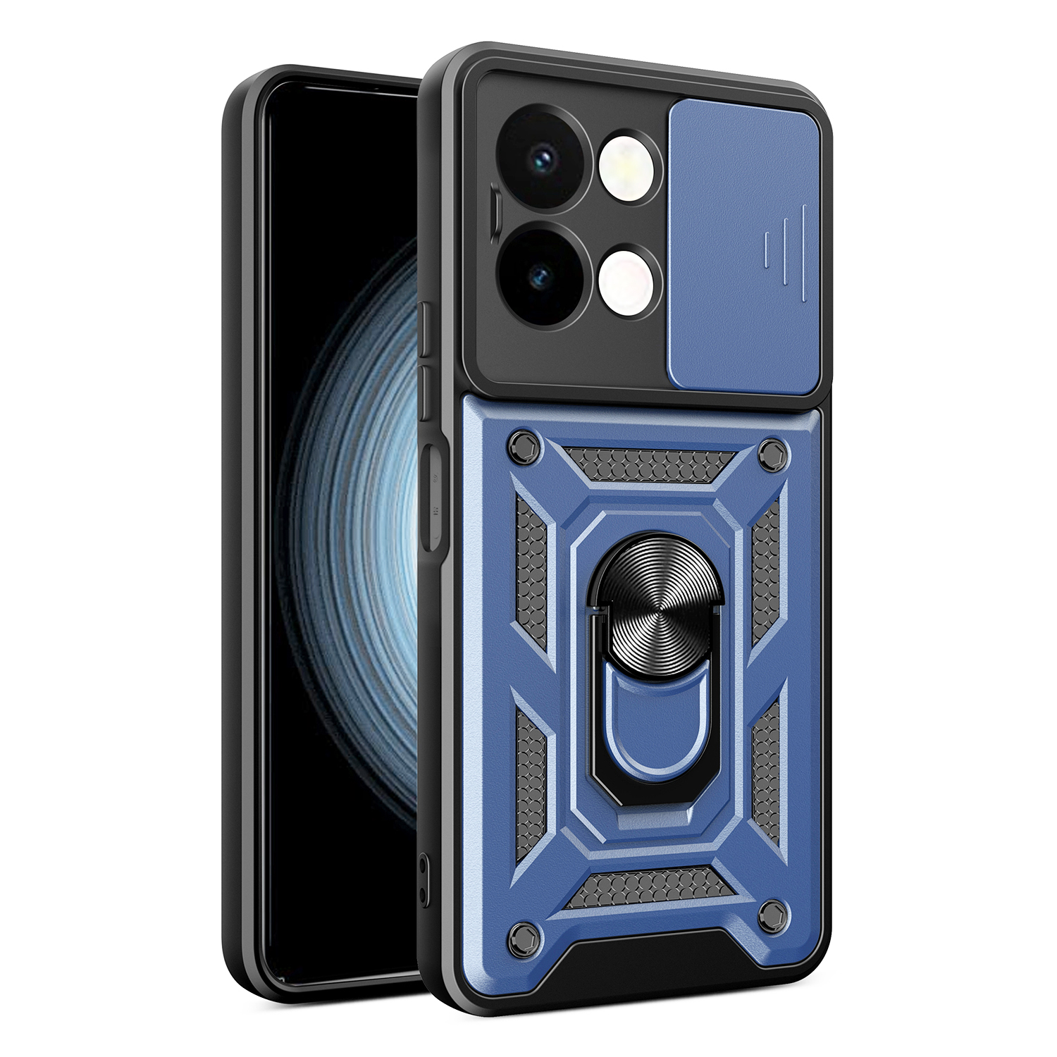 For vivo Y28 4G Case with Slide Camera Lid PC+TPU Kickstand Phone Cover - Blue