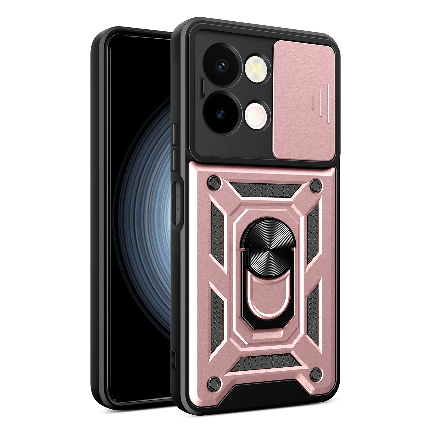 For vivo Y28 4G Case with Slide Camera Lid PC+TPU Kickstand Phone Cover - Rose Gold