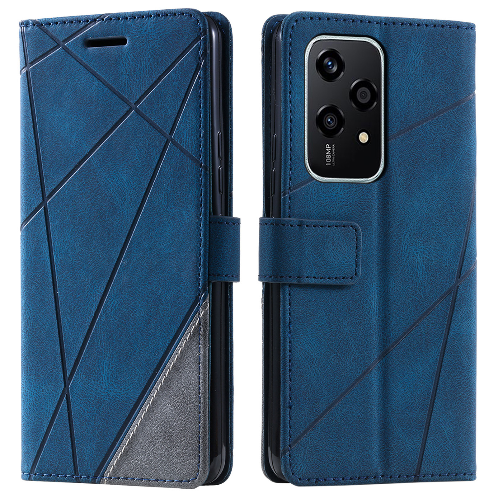 For Honor 200 Lite Case Imprinted Lines PU Leather Splicing Wallet Phone Cover - Blue
