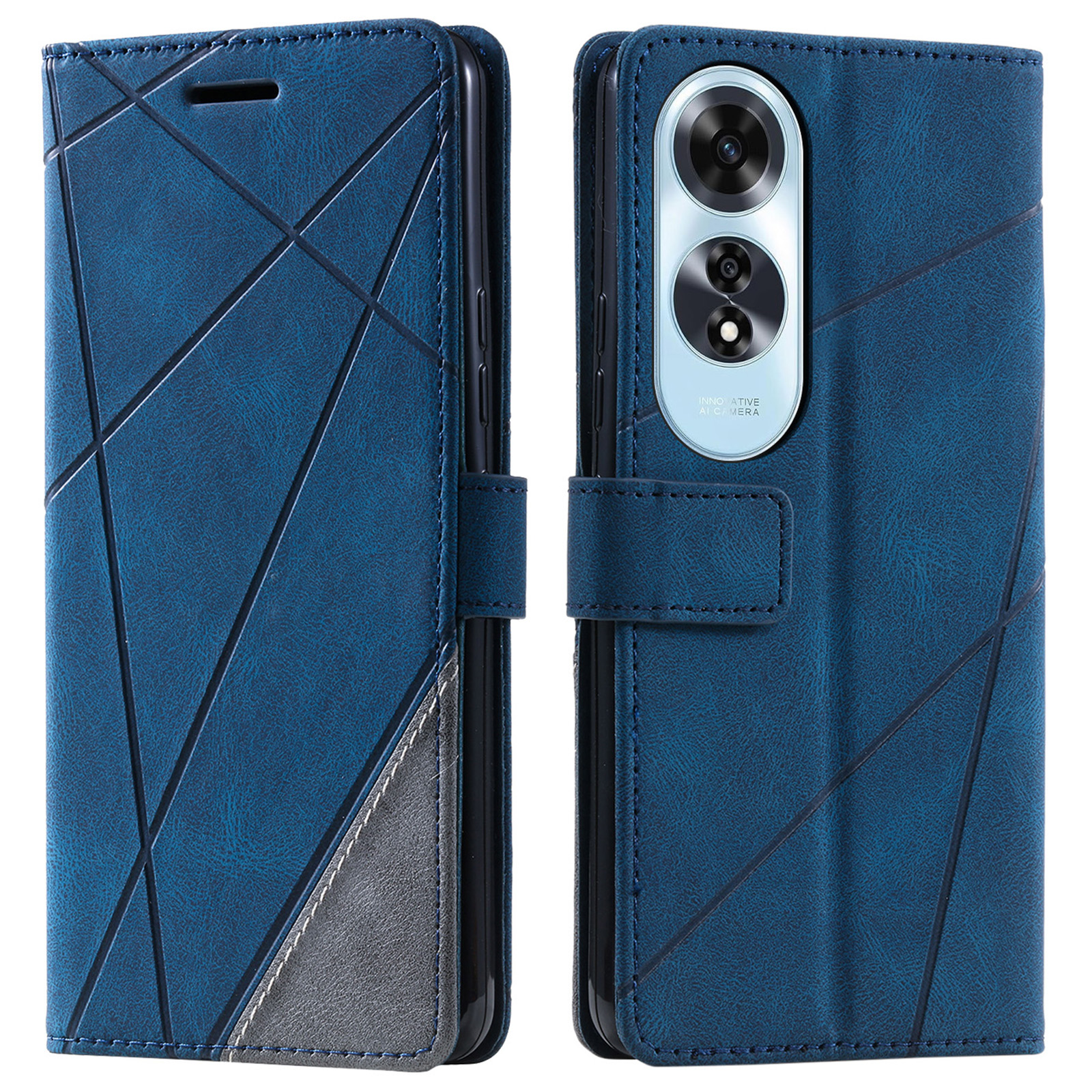 For Oppo A60 4G Case Imprinted Lines PU Leather Splicing Wallet Phone Cover - Blue