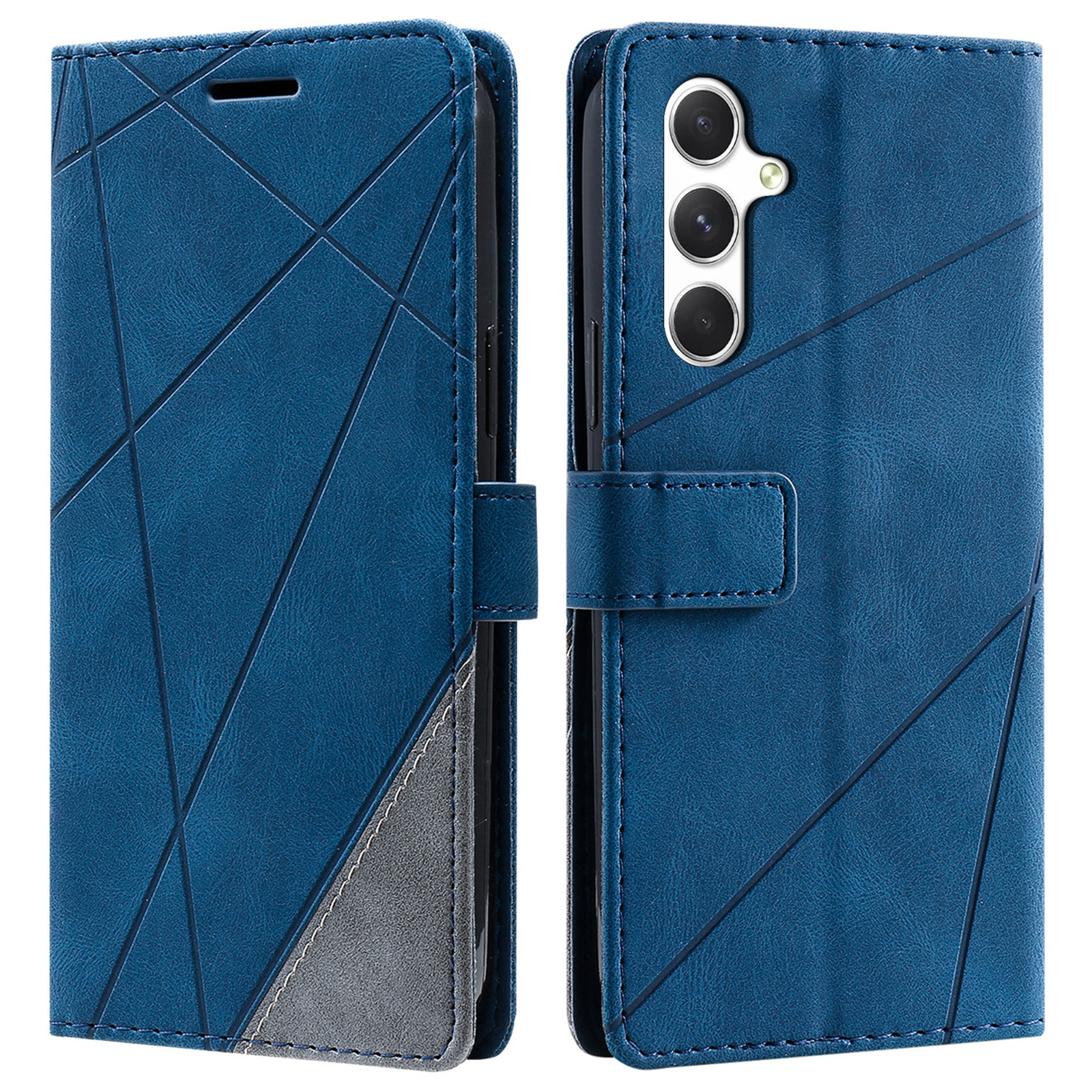 For Samsung Galaxy S25 Case Imprinted Lines PU Leather Splicing Wallet Phone Cover - Blue