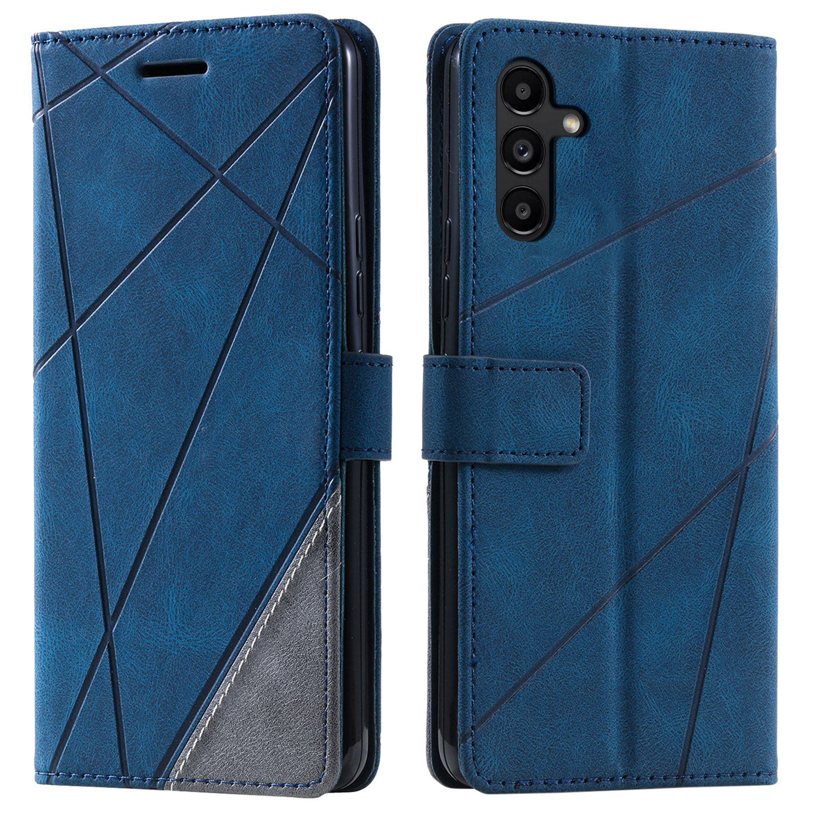 For Samsung Galaxy S24 FE Case Imprinted Lines PU Leather Splicing Wallet Phone Cover - Blue