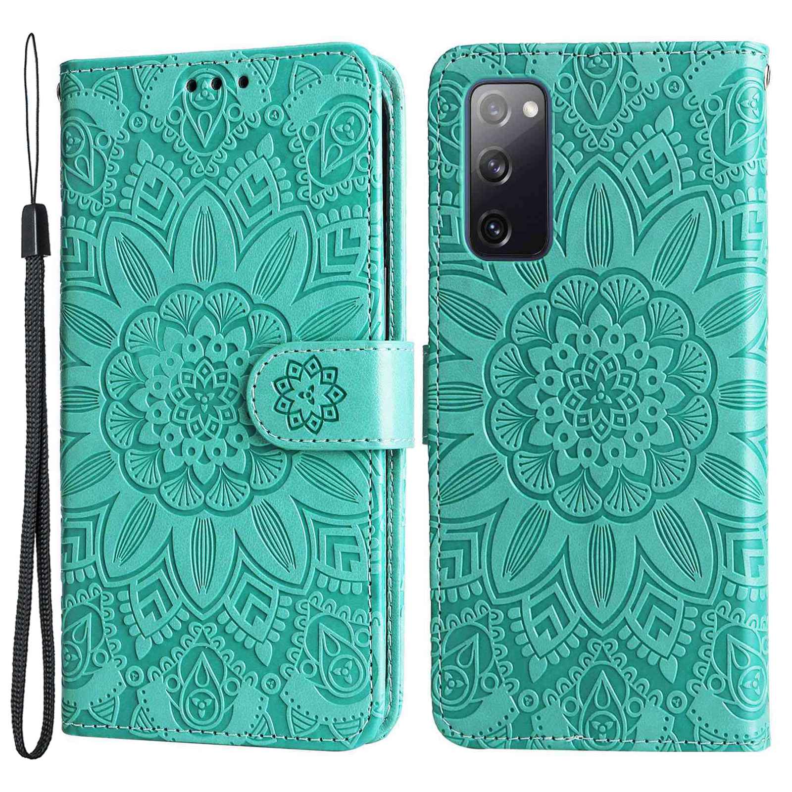 

For Samsung Galaxy S20 FE / S20 FE 5G / S20 Lite Sunflower Imprinted PU Leather Case Stand Magnetic Clasp Wallet Phone Cover with Strap - Green, Galaxy S20 FE