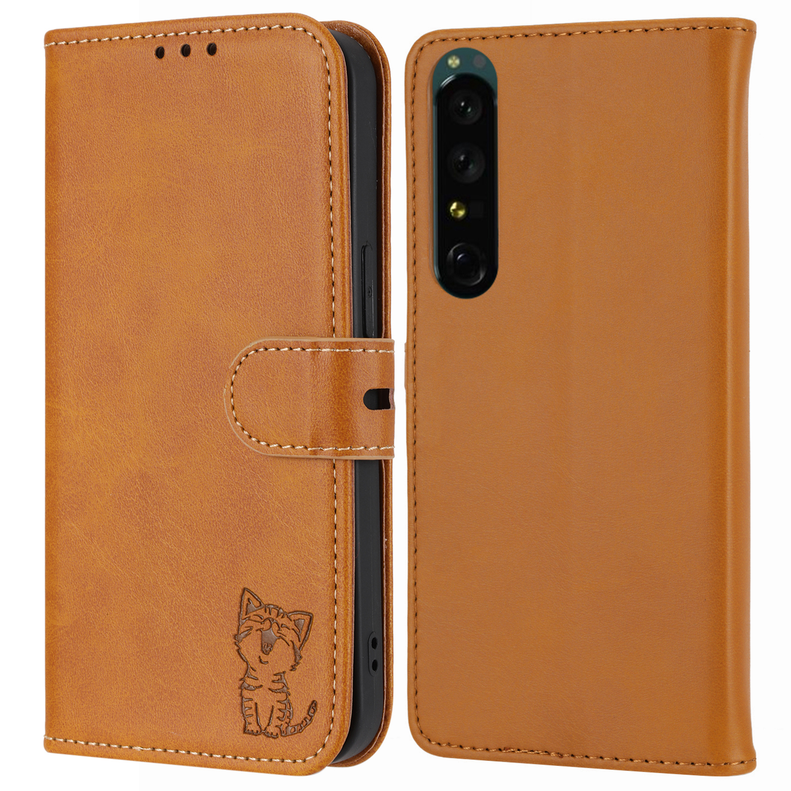 For Sony Xperia 5 IV 5G Case Happy Cat Pattern Imprinted Leather Wallet Phone Cover - Yellow