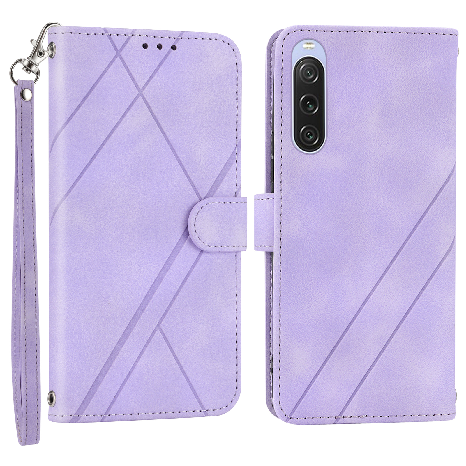For Sony Xperia 5 IV 5G Case Imprinted Line Leather Phone Cover with Handy Strap - Purple