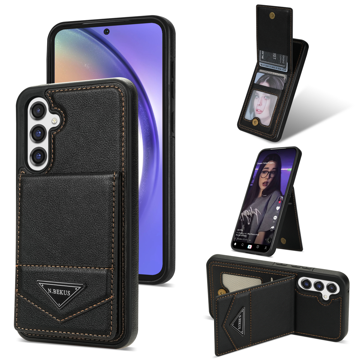 N.BEKUS For Samsung Galaxy S25 Case Leather+TPU Kickstand Phone Cover with Card Holder - Black