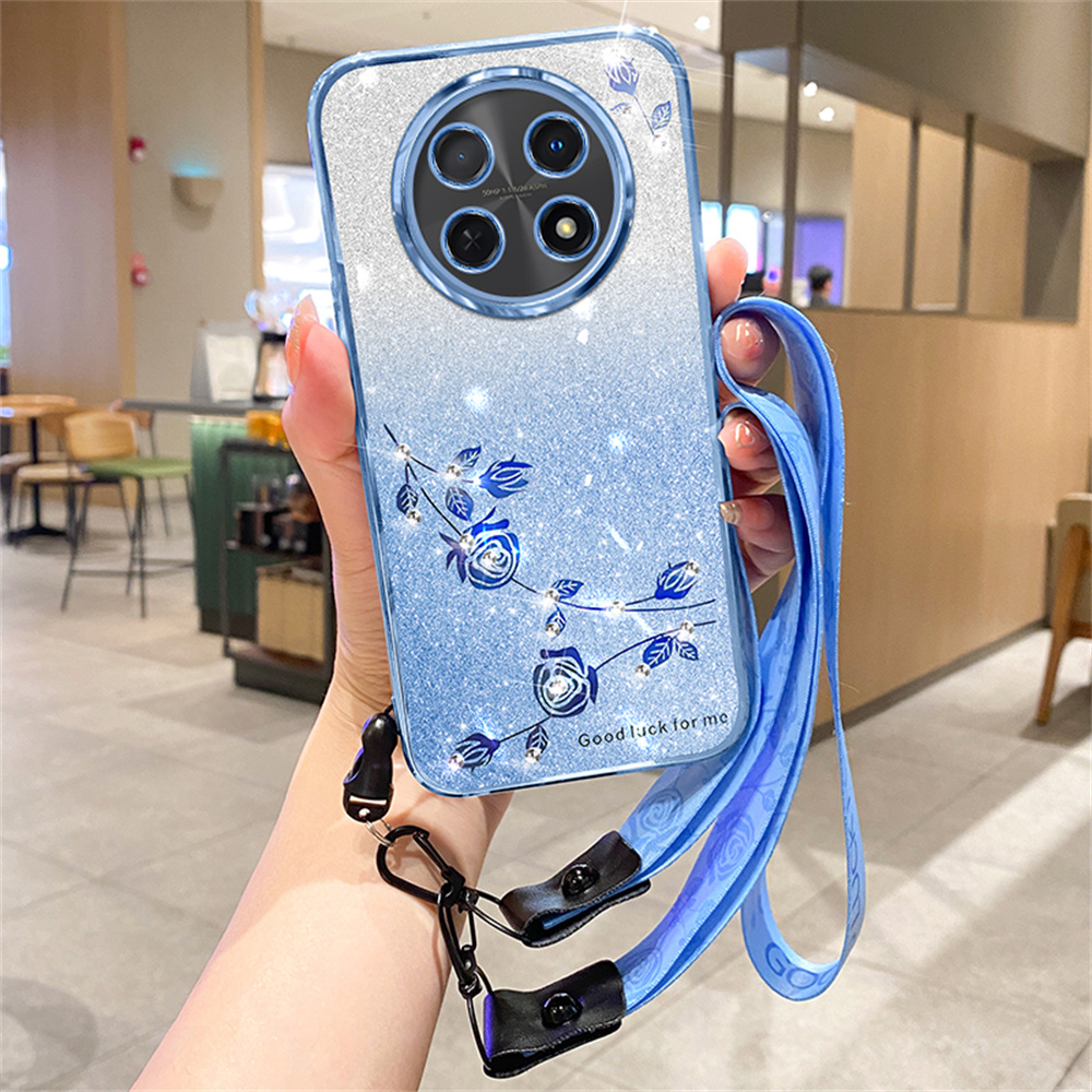 KADEM For Honor X60 Pro 5G / X9c 5G / Magic7 Lite 5G Case Flower Pattern TPU Gradient Phone Cover with Lanyards - Blue