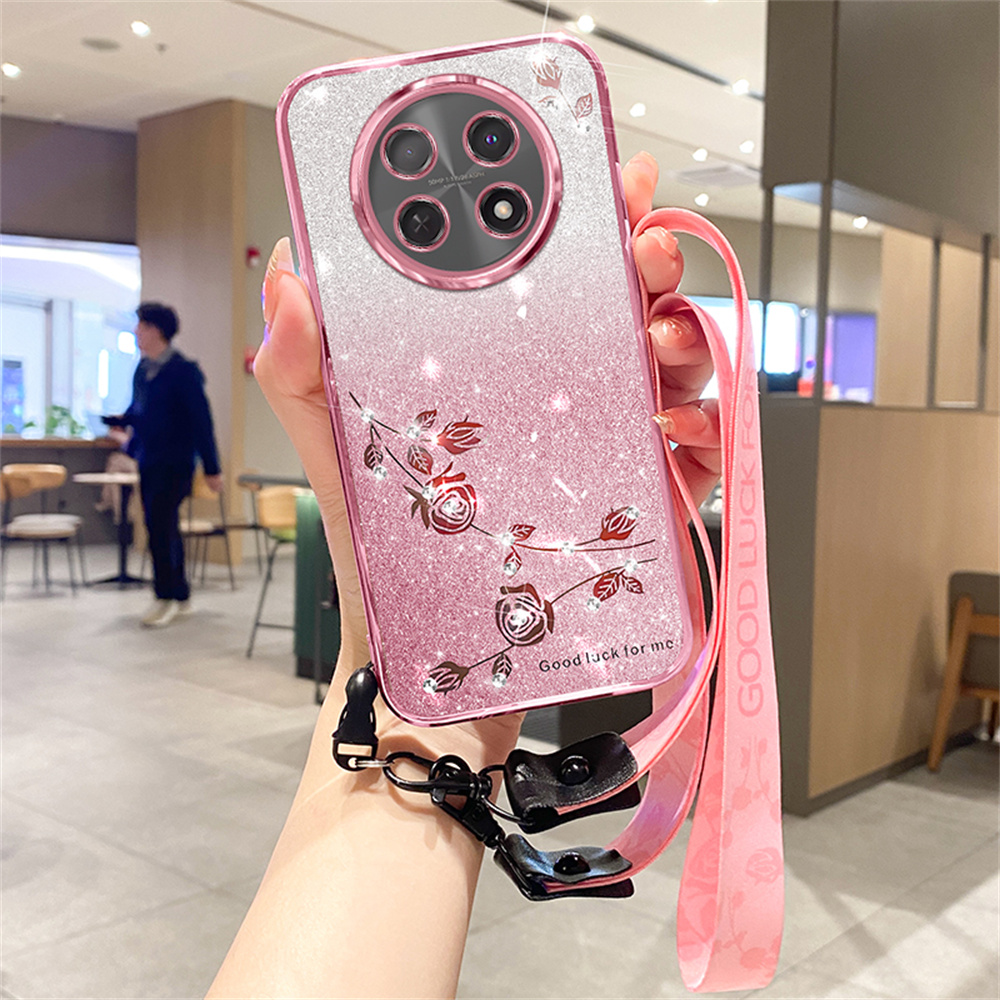 KADEM For Honor X60 Pro 5G / X9c 5G / Magic7 Lite 5G Case Flower Pattern TPU Gradient Phone Cover with Lanyards - Rose Gold