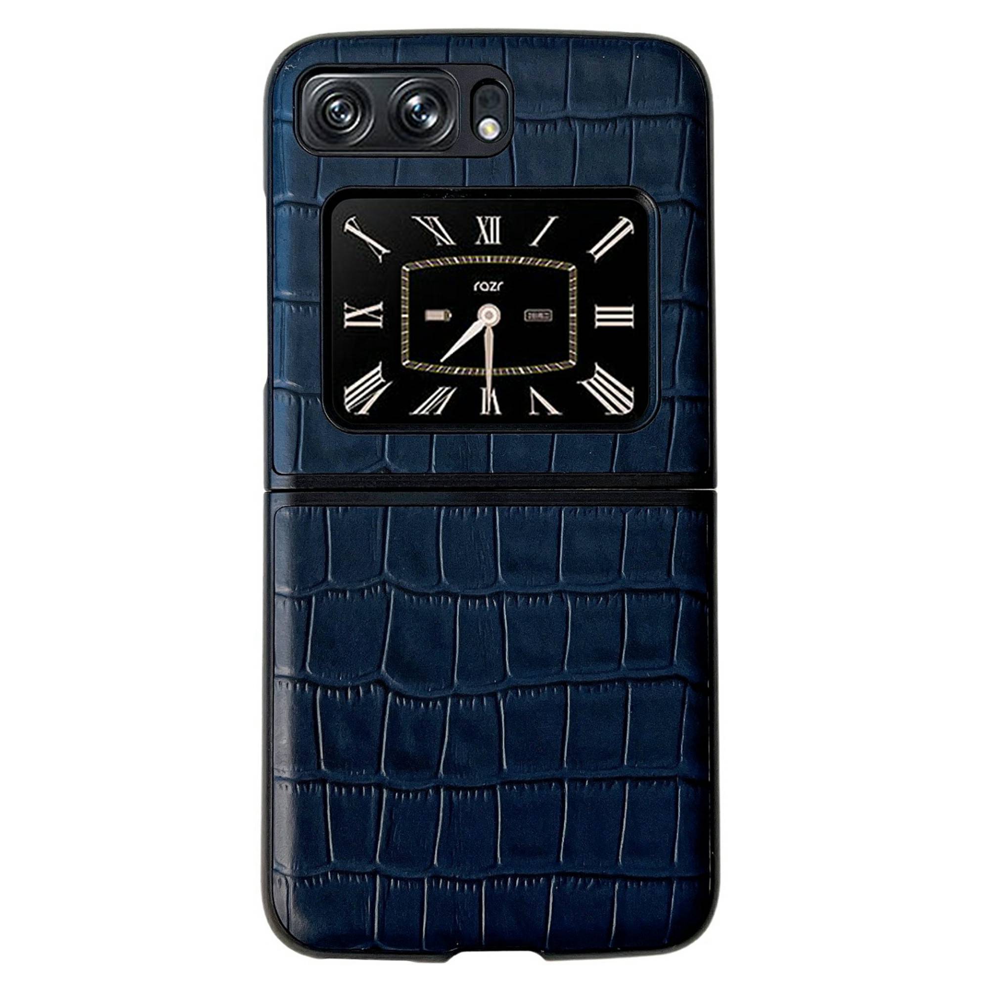 

Für Motorola Moto Razr 2022 5G Crocodile Texture Phone Hülle Echtes Leder Beschichtetes Hartschock -schockschutzabdeckung - Blau, Motorola Moto Razr 2022 5G
