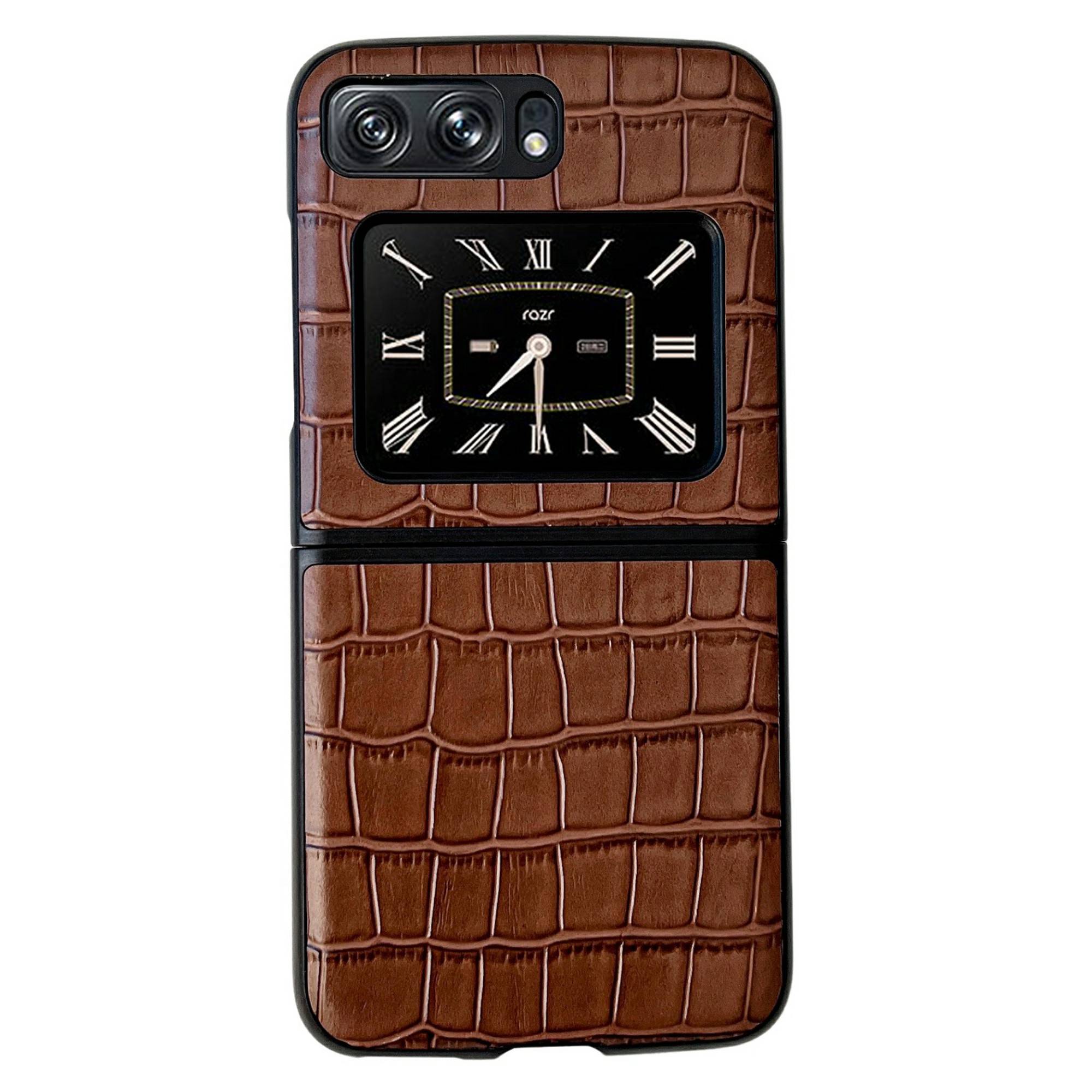 

Für Motorola Moto Razr 2022 5G Crocodile Texture Phone Hülle Echtes Leder Beschichtetes Hartschock -schockschutzabdeckung - Braun, Motorola Moto Razr 2022 5G