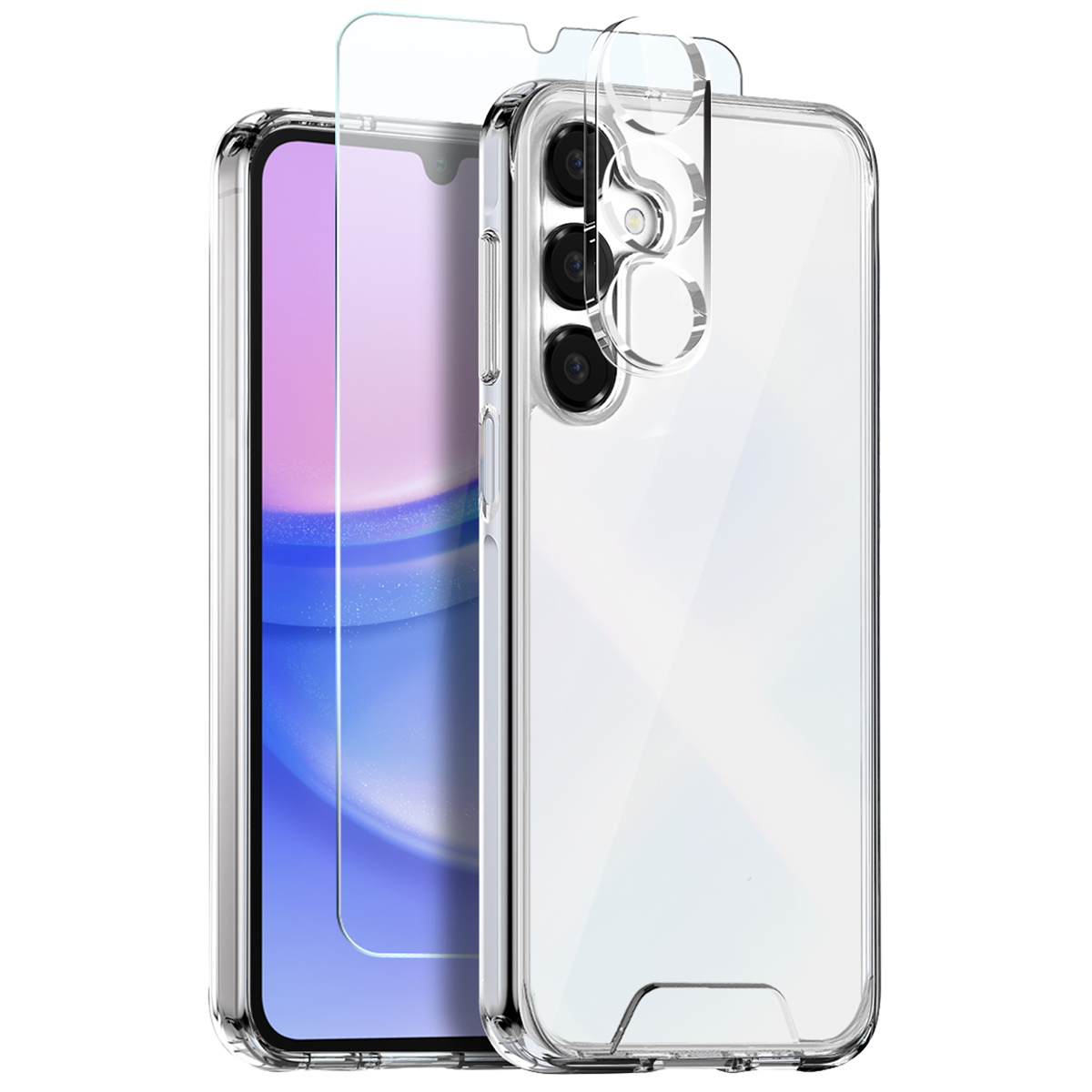 NORTHJO For Samsung Galaxy A15 5G / 4G Case Transparent PC+TPU Phone Cover Set with Screen Film + Lens Film