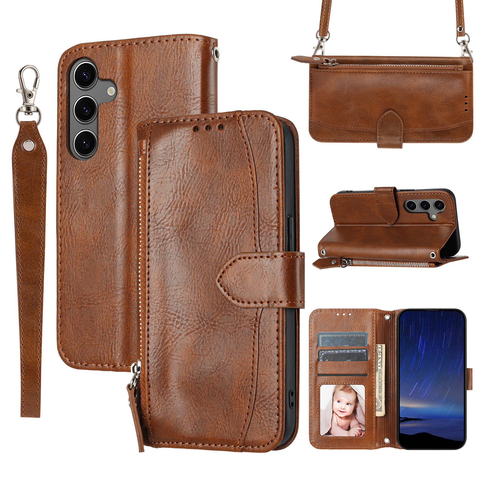 For Samsung Galaxy S25 Case Zipper Pocket Leather Phone Cover with Crossbody Shoulder Strap - Brown