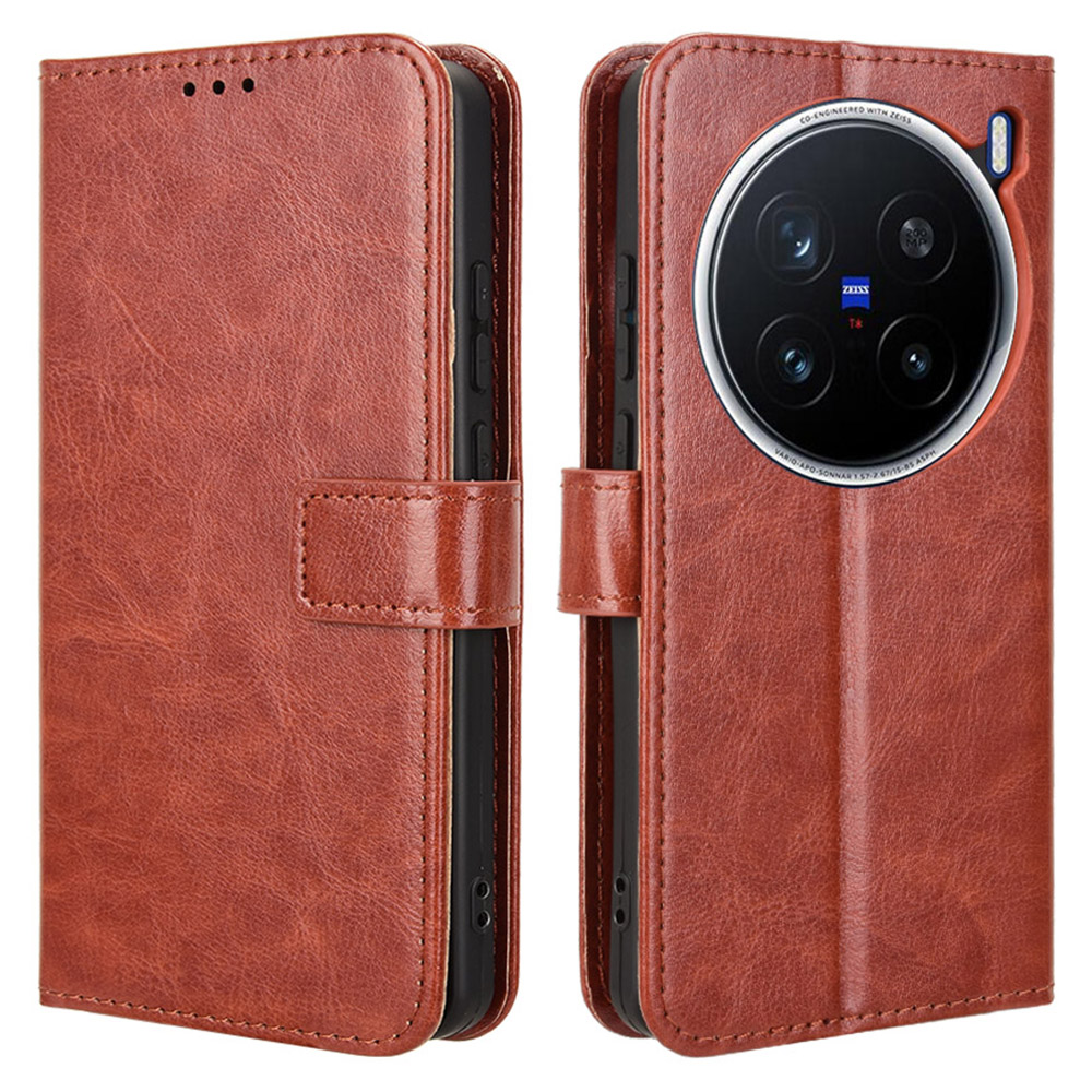 For vivo X200 Pro 5G Case Crazy Horse Texture PU Leather Phone Wallet Cover - Brown