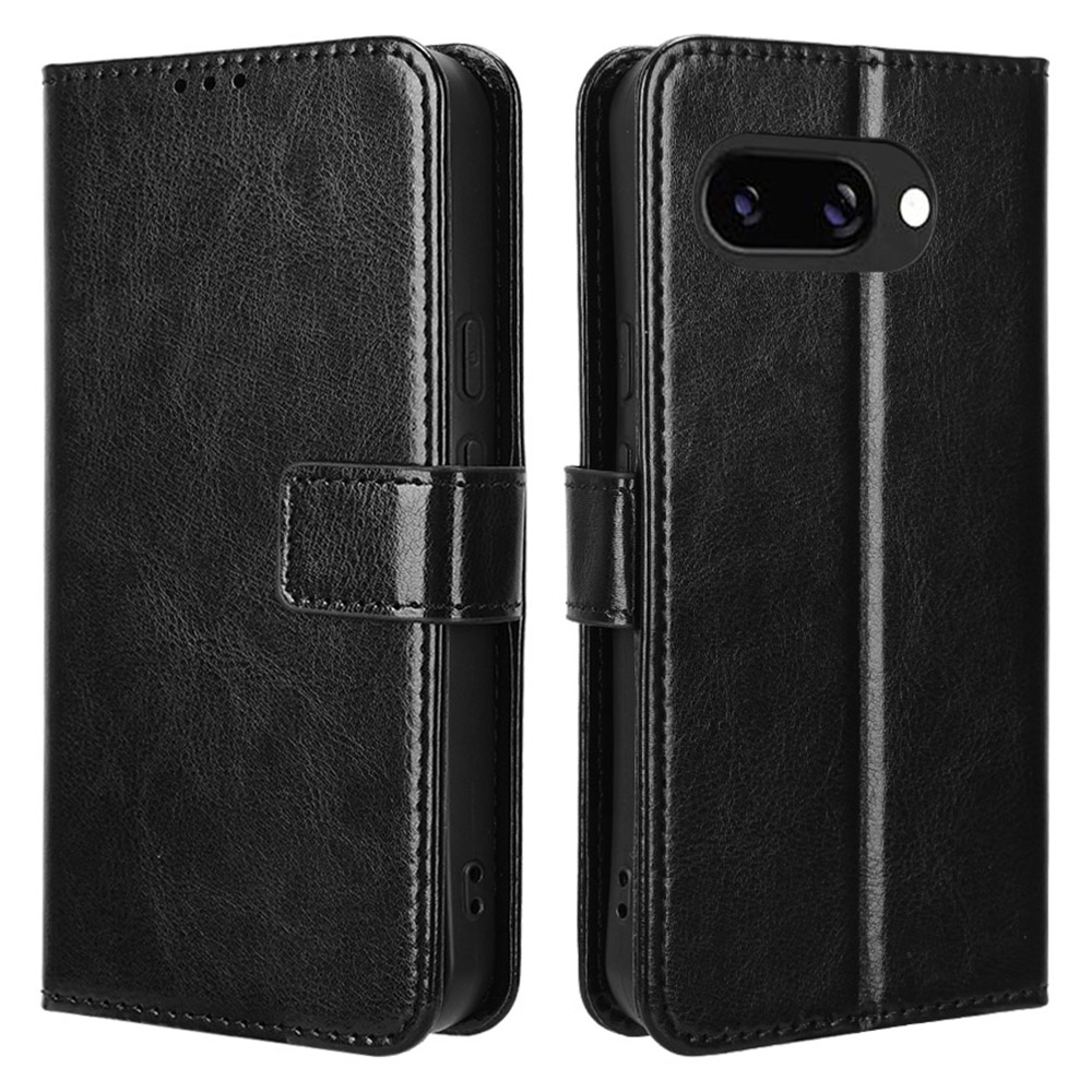 For Google Pixel 9a Case Crazy Horse Texture PU Leather Phone Wallet Cover - Black