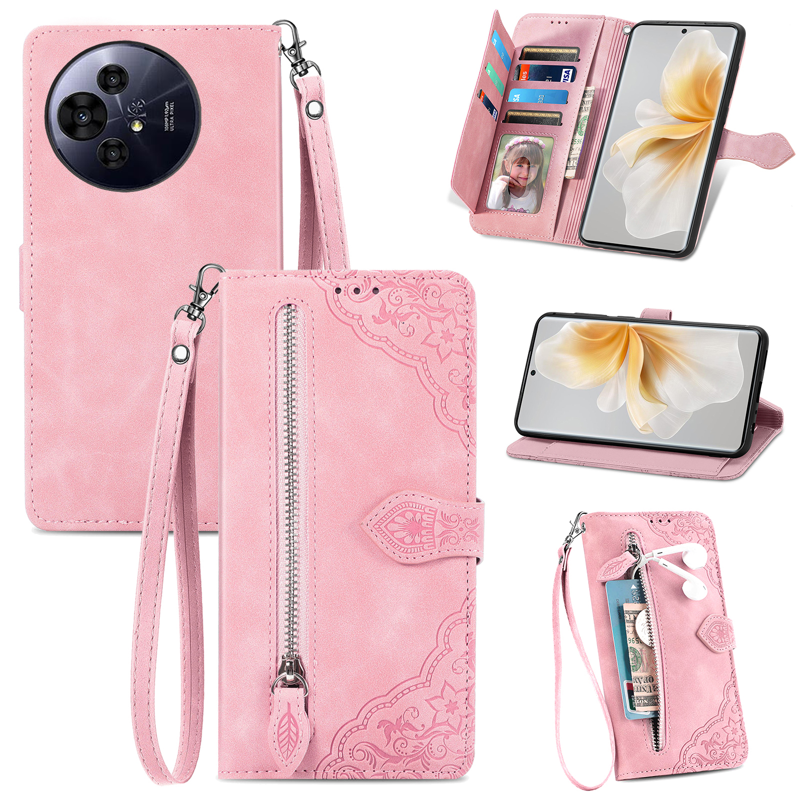 For TCL 50 Pro Nxtpaper 5G Zipper Wallet Case with Strap Flower Imprint PU Leather Phone Cover - Pink