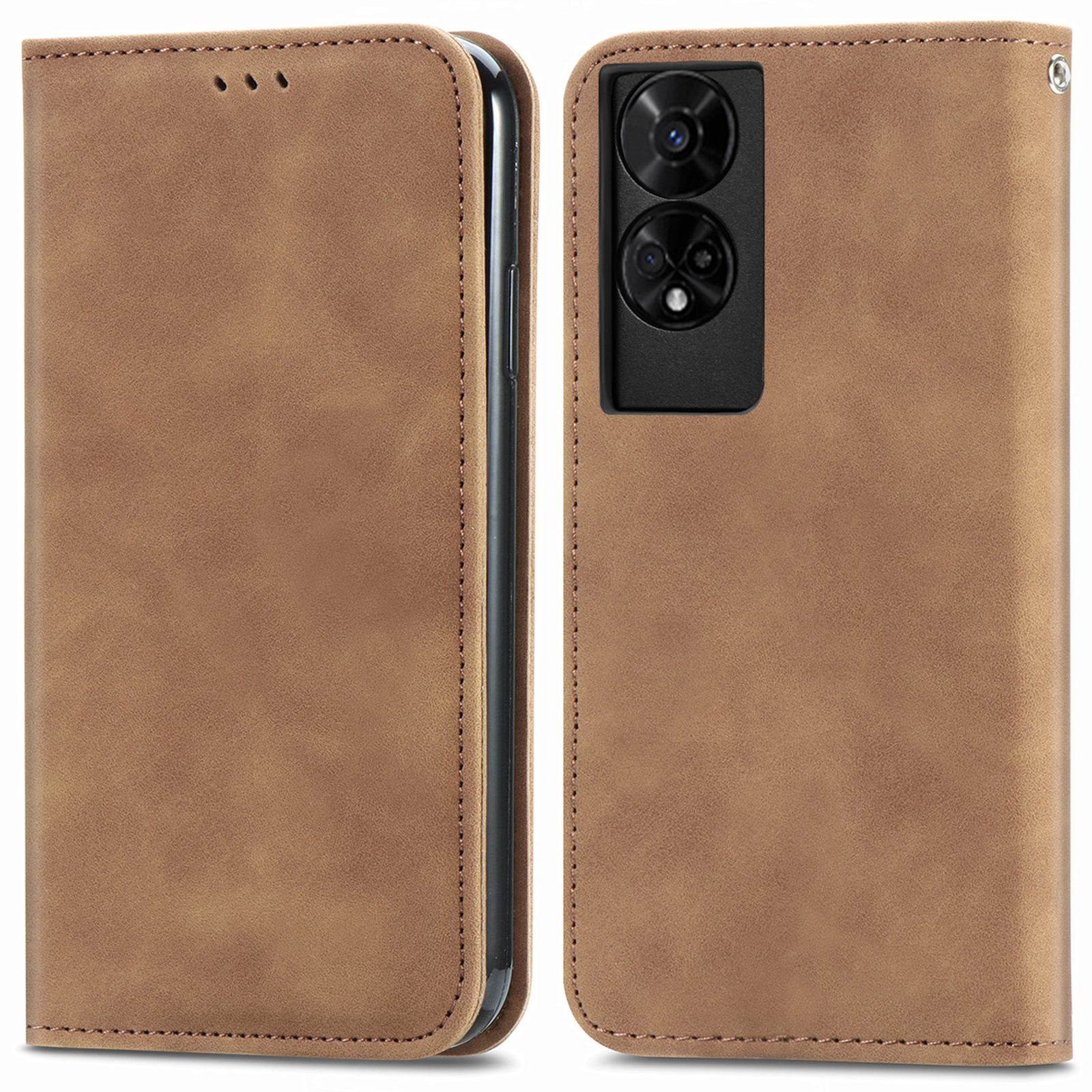 For TCL 50 5G Case Skin Touch Feeling Leather Card Holder Phone Cover Magnetic Absorption - Brown