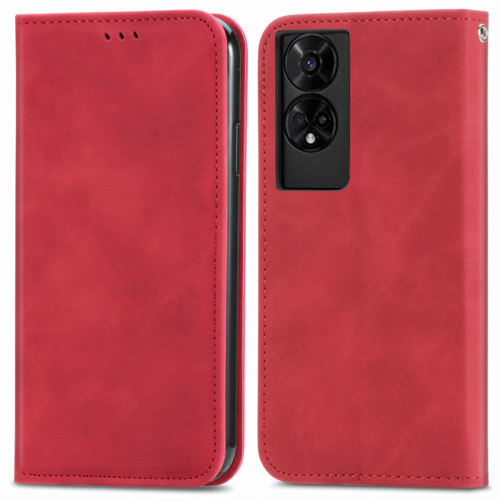 For TCL 50 5G Case Skin Touch Feeling Leather Card Holder Phone Cover Magnetic Absorption - Red
