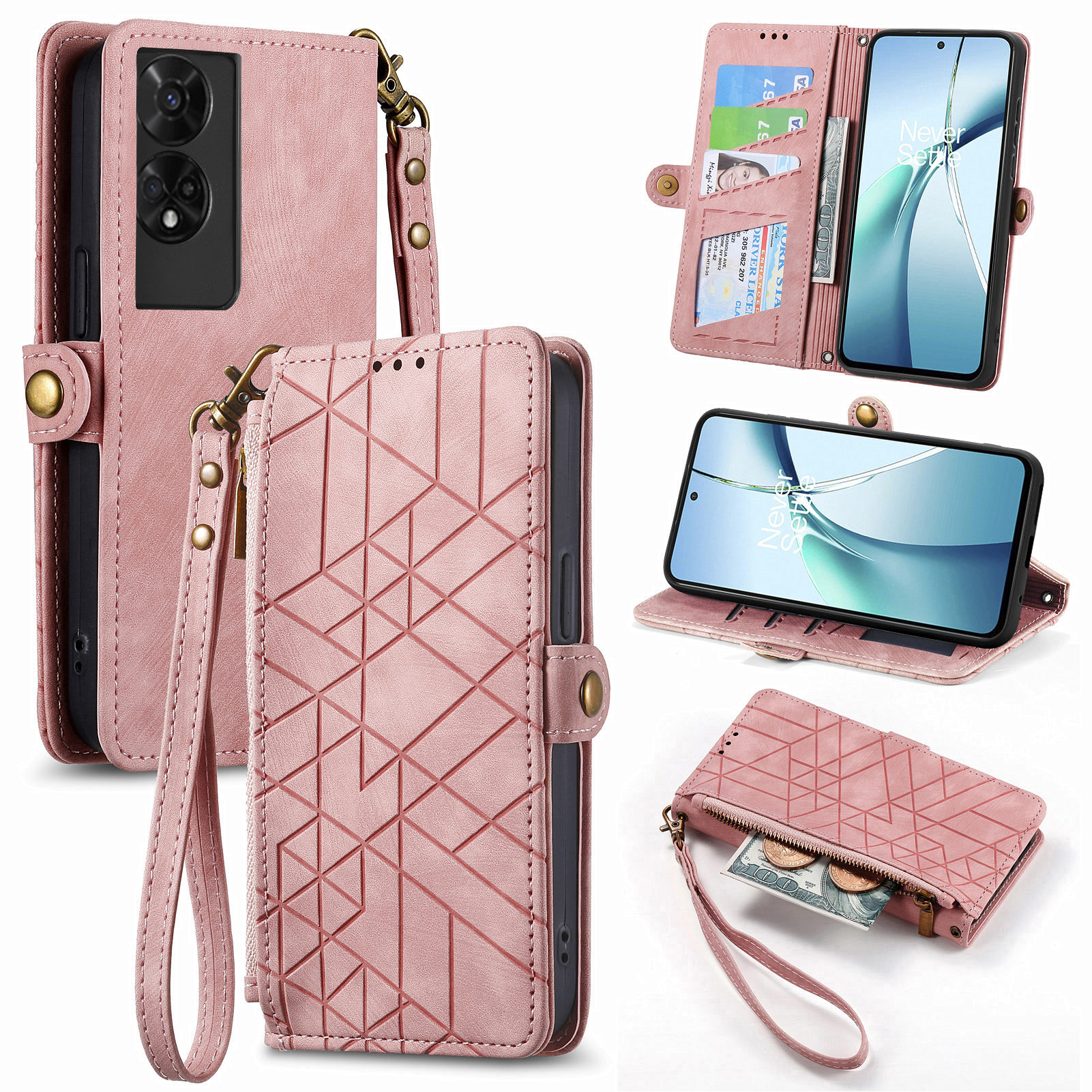For TCL 50 5G PU Leather Stand Wallet Cover Geometry Imprinted Phone Case - Pink