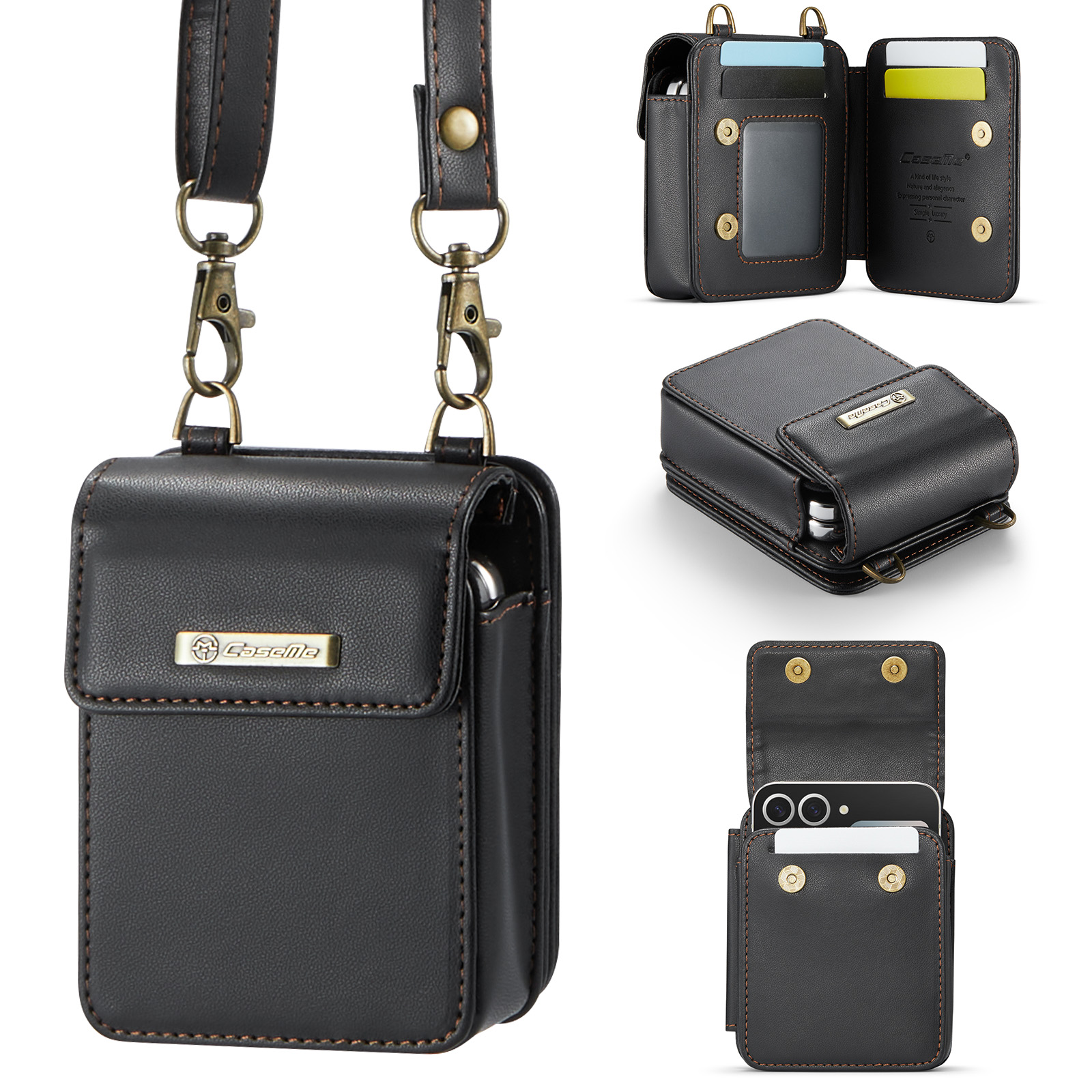 CASEME For Samsung Galaxy Z Flip7 FE 5G / Z Flip7 5G / Z Flip6 5G / Z Flip5 5G Leather Mobile Phone Bag RFID Blocking Wallet Pouch with Strap - Black