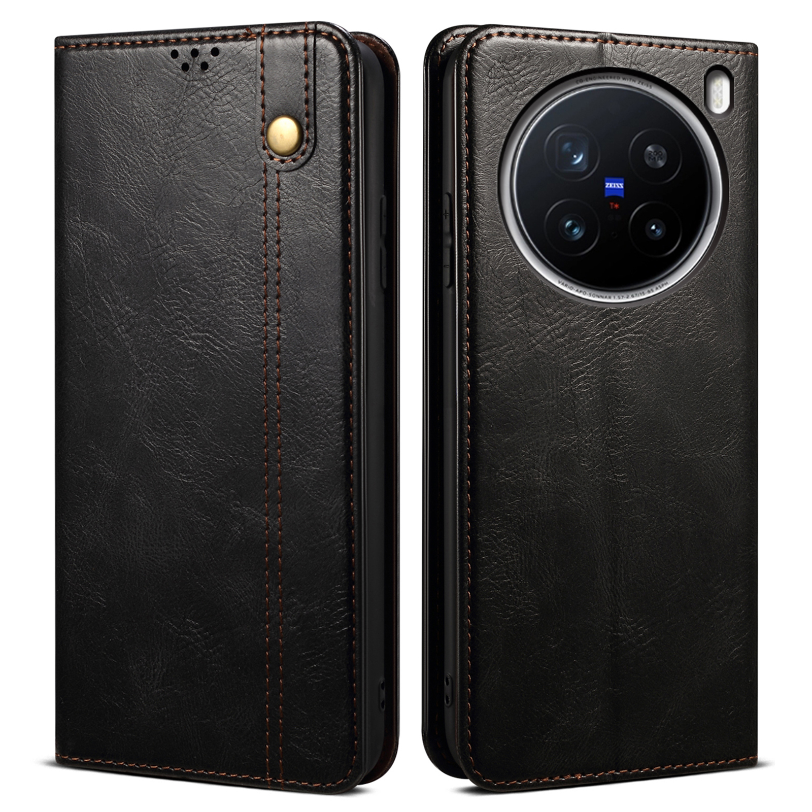 For vivo X200 Pro 5G Case Crazy Horse Texture Waxy Leather Wallet Stand Phone Cover - Black