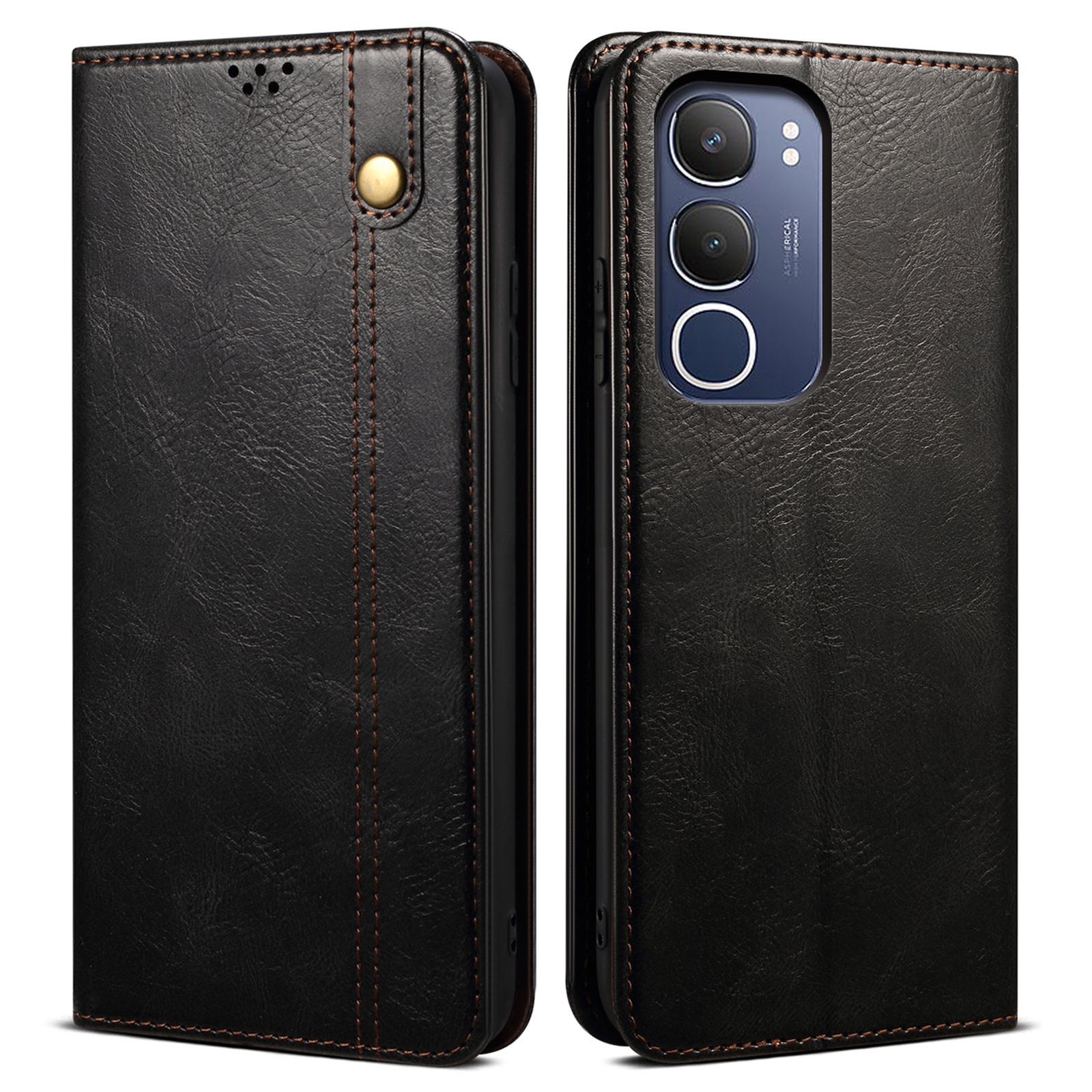 For vivo Y19s 4G Case Crazy Horse Texture Waxy Leather Wallet Stand Phone Cover - Black