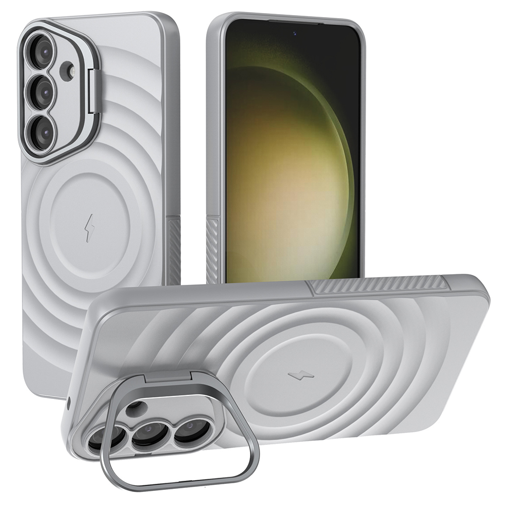 For Samsung Galaxy S25+ Magnetic Case PC Kickstand Ripple Texture TPU Phone Cover - Grey