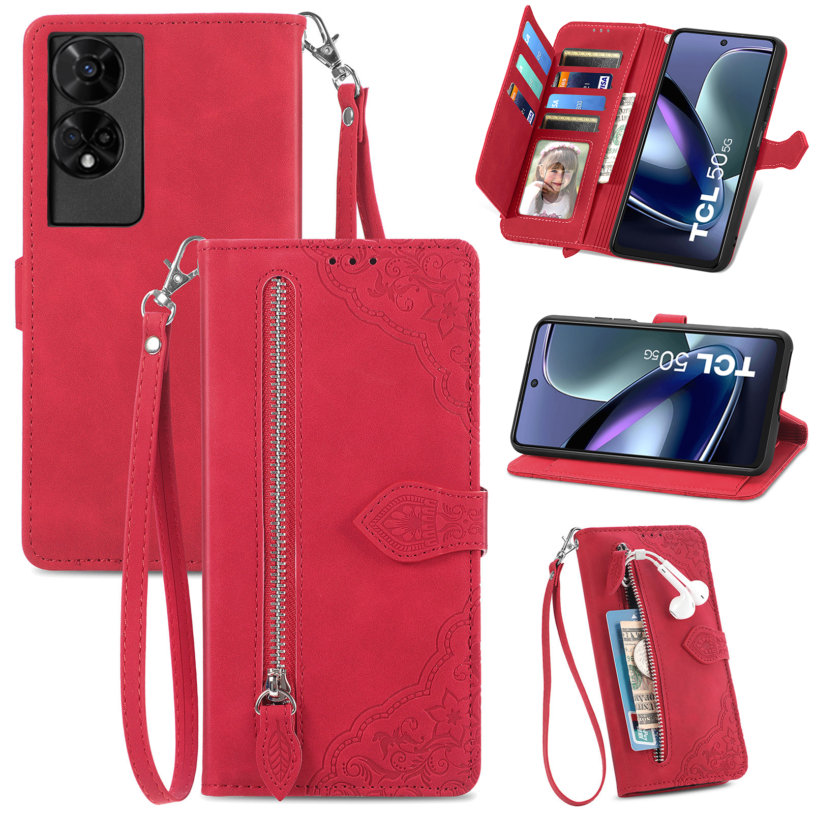 For TCL 50 5G Zipper Wallet Case with Strap Flower Imprint PU Leather Phone Cover - Red