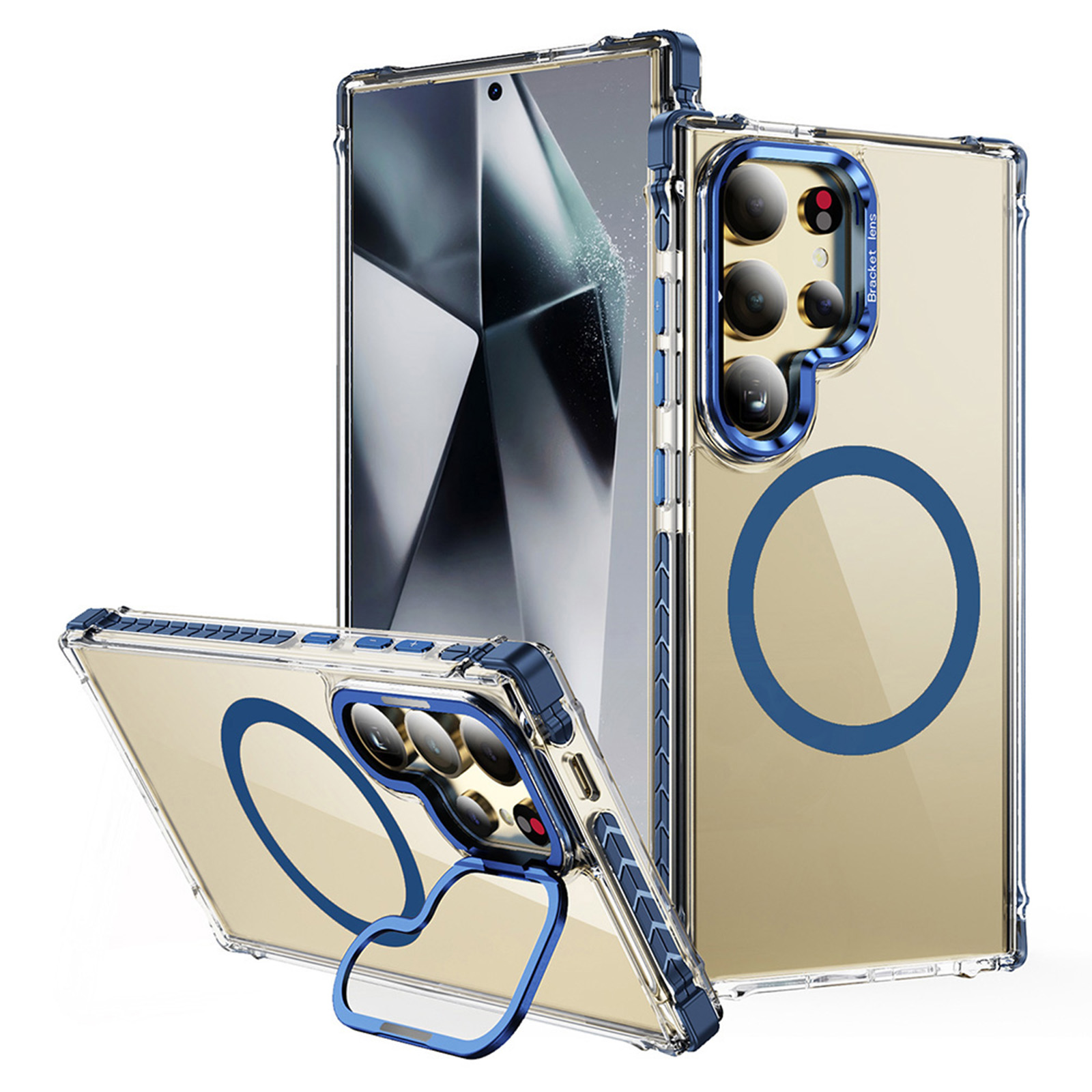 For Samsung Galaxy S25 Ultra Phone Case with Lens Kickstand Clear Cover Magnetic Case - Blue