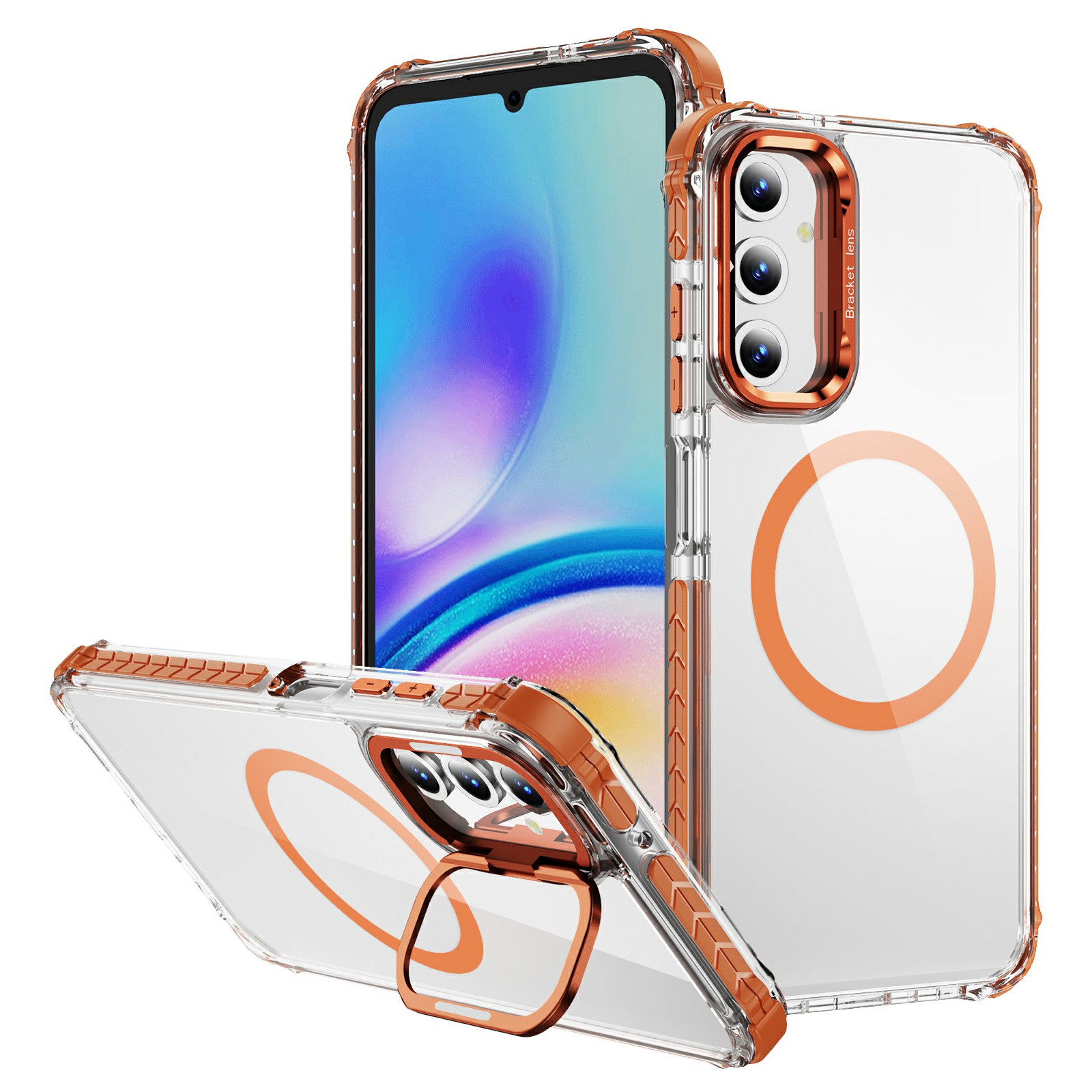 For Samsung Galaxy S25 Clear Phone Case with Lens Kickstand Cover Magnetic Case - Orange