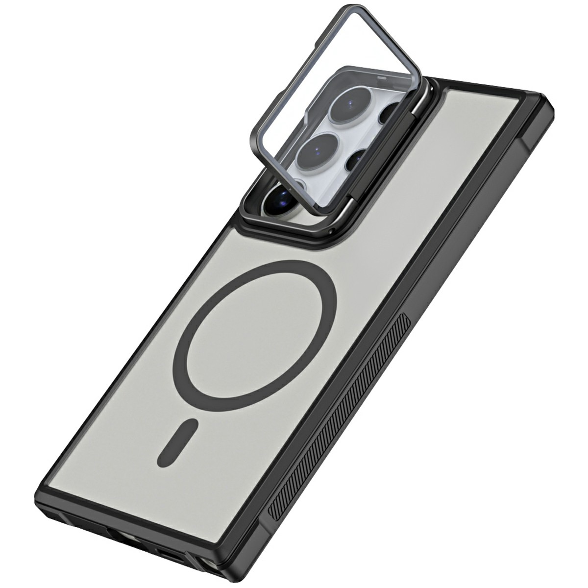 For Samsung Galaxy S25 Ultra Magnetic Case Lens Cover Kickstand Matte Back Cover - Black