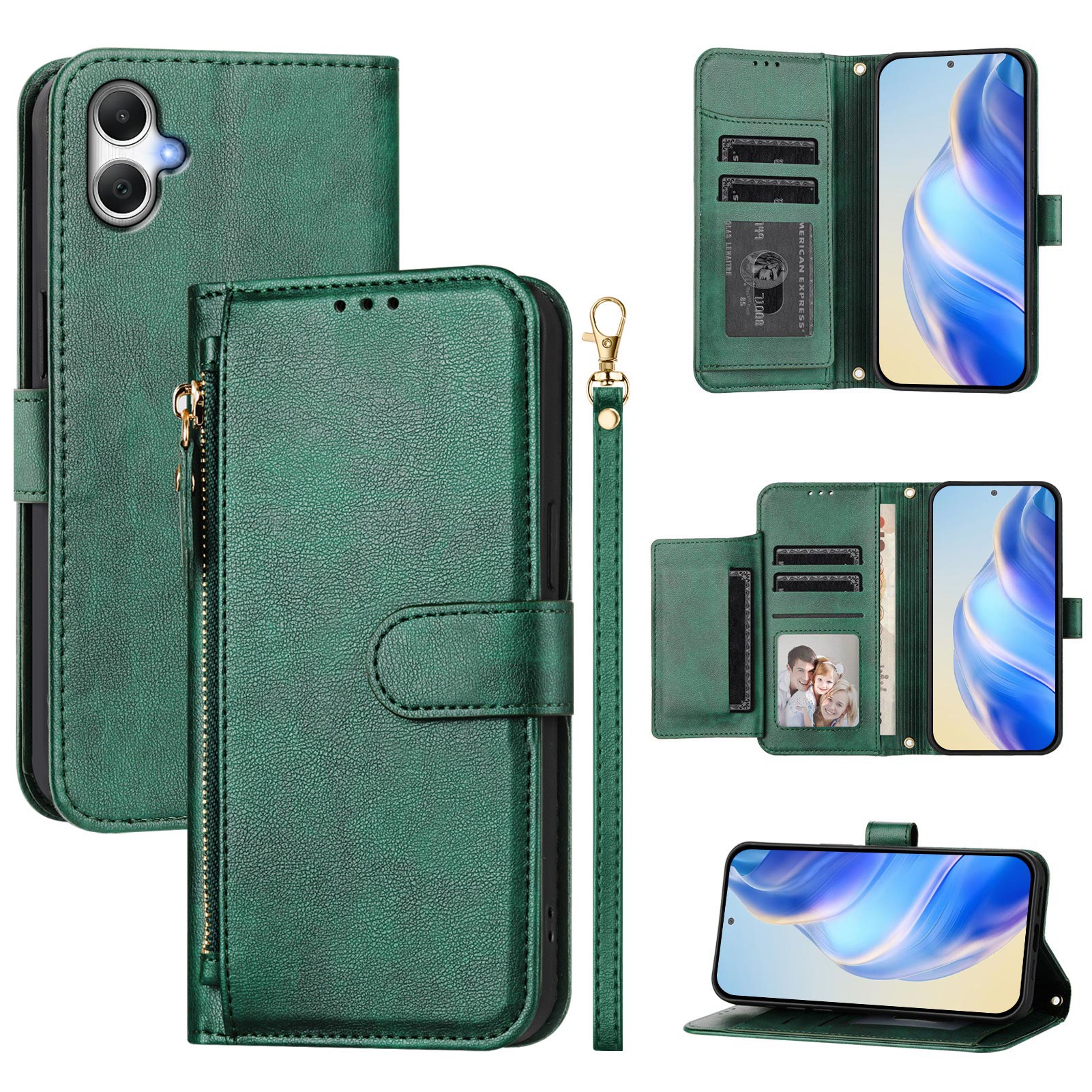 For Samsung Galaxy A06 4G Case Zipper Pocket Multiple Card Slots Leather Phone Cover - Green