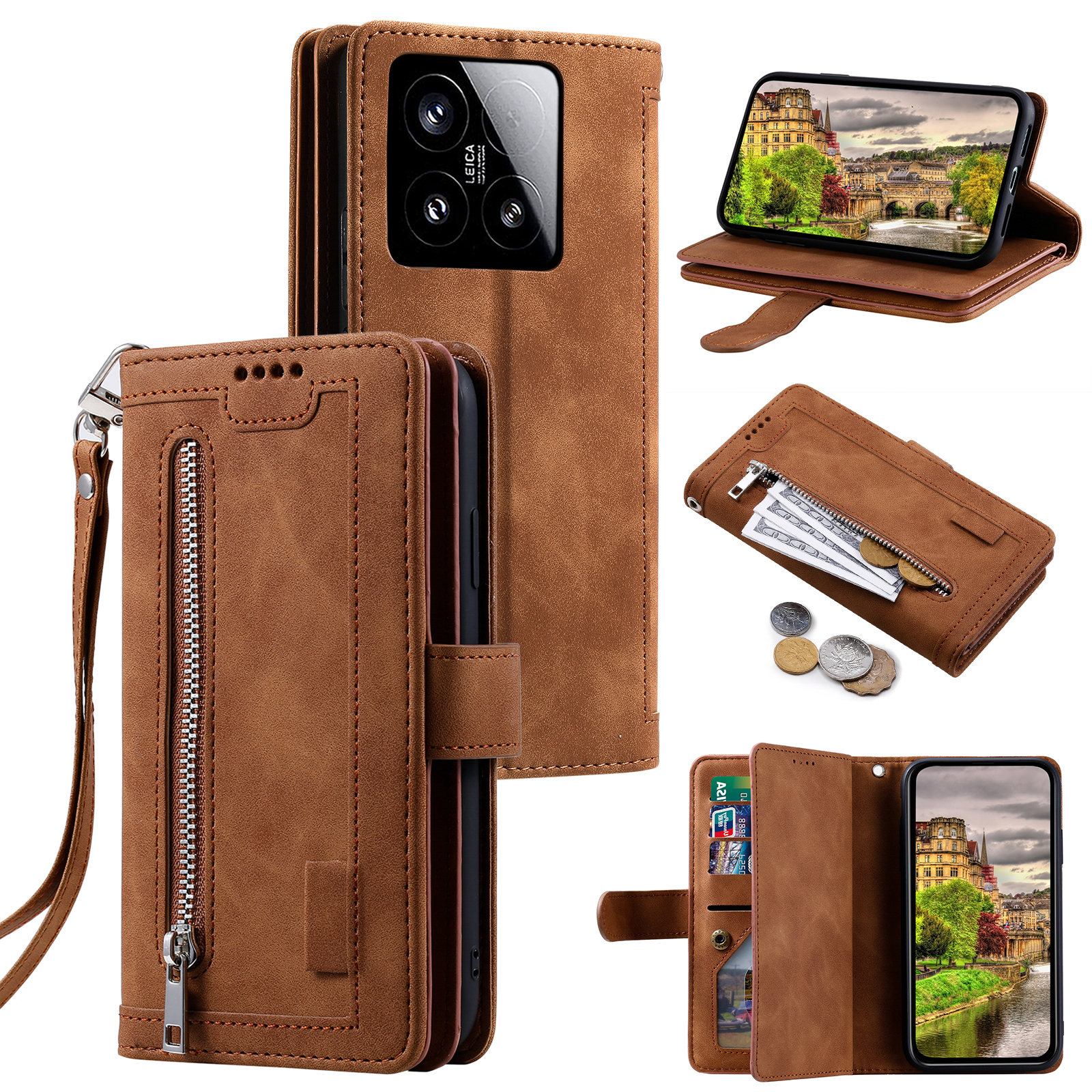 For Xiaomi 15 Case PU Leather Phone Cover with Zipper Wallet 9 Card Slots - Brown