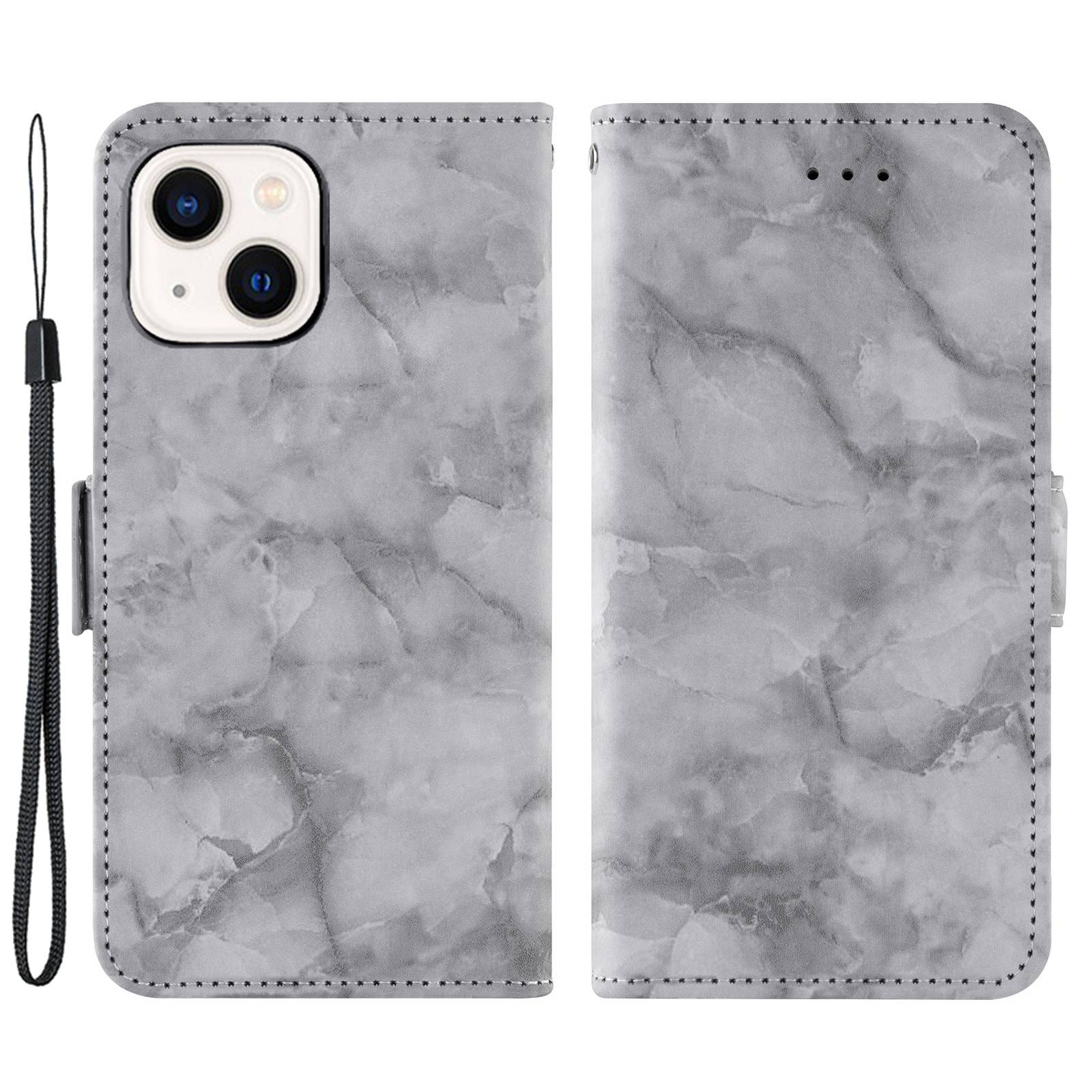 

For iPhone 13 6.1 inch Impact Resistant Stand Shell, Marble Pattern Dual Magnetic Clasp PU Leather Flip Wallet Cover - Grey, iPhone 13