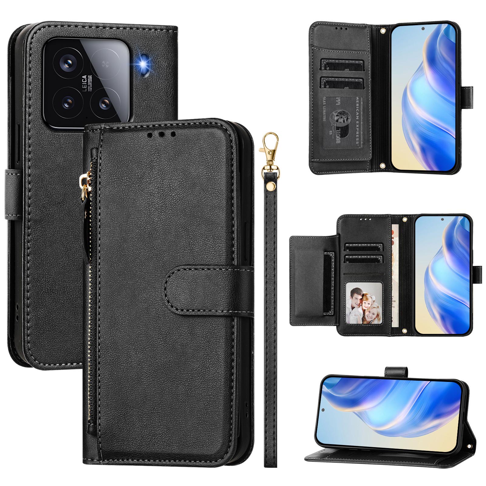 For Xiaomi 15 Case Zipper Pocket Multiple Card Slots Leather Phone Cover - Black
